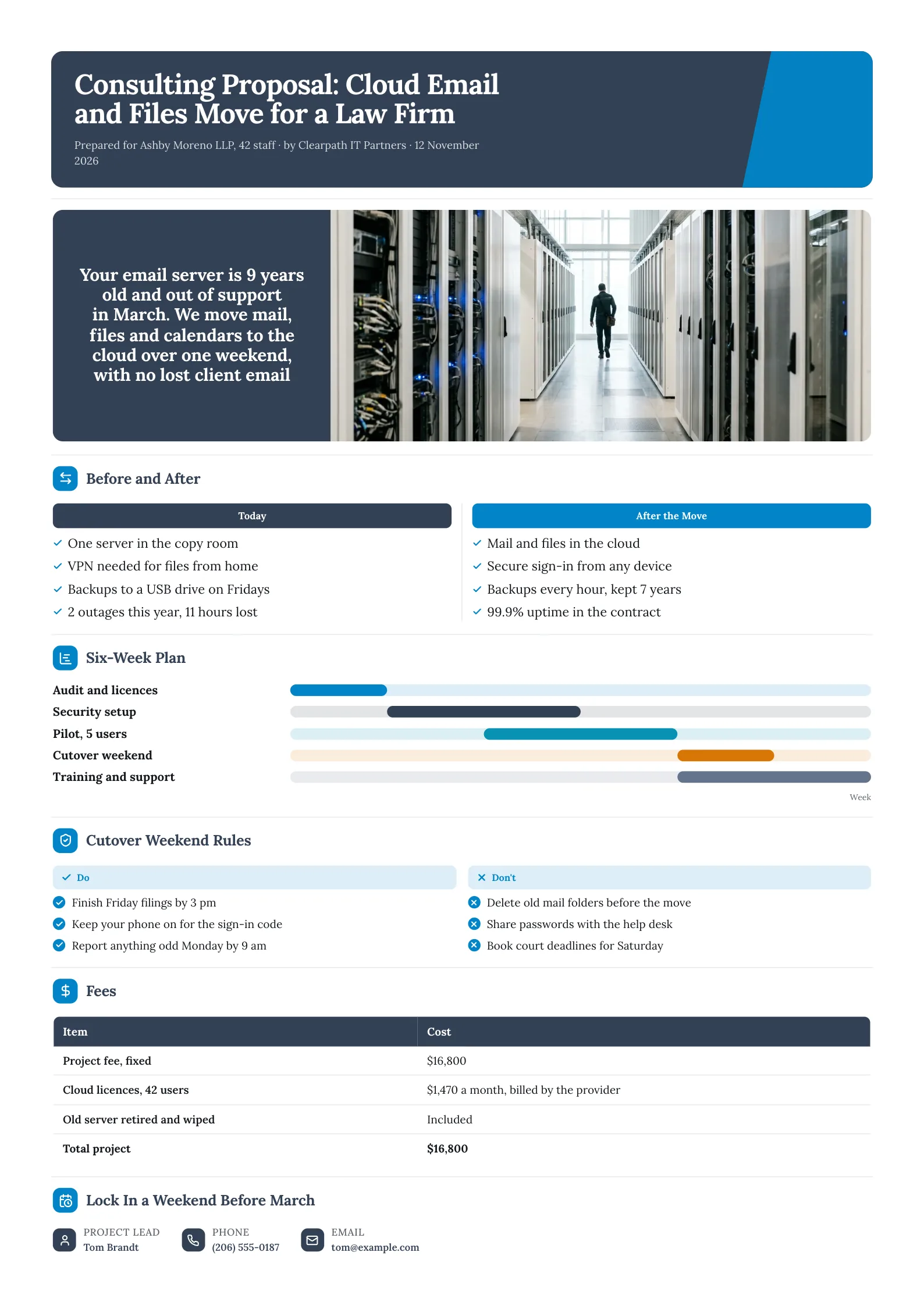 IT consulting proposal One-Pager for a law firm cloud move with a before and after comparison and a six-week plan