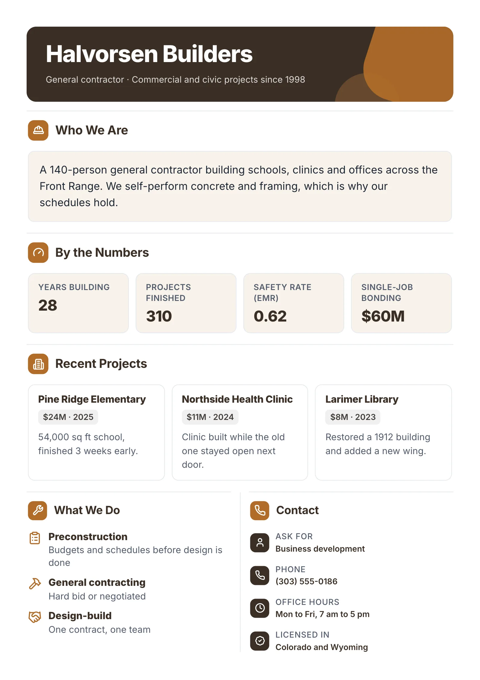 Construction company One-Pager template with who the company is, its numbers, recent projects and what it does