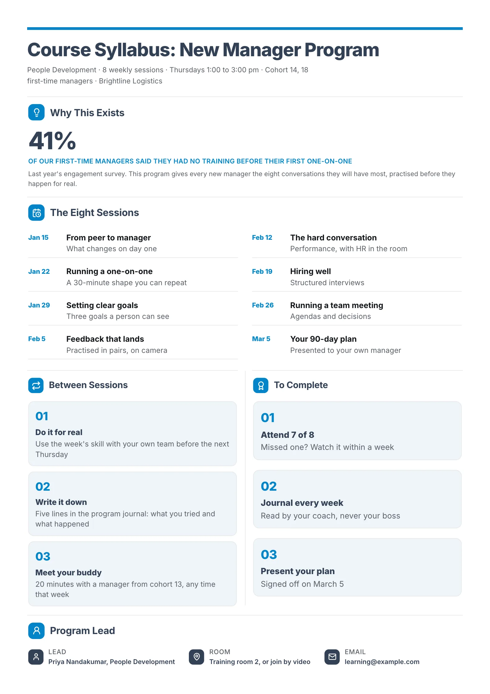 Corporate training course syllabus One-Pager with a survey stat, an eight-session agenda and completion steps