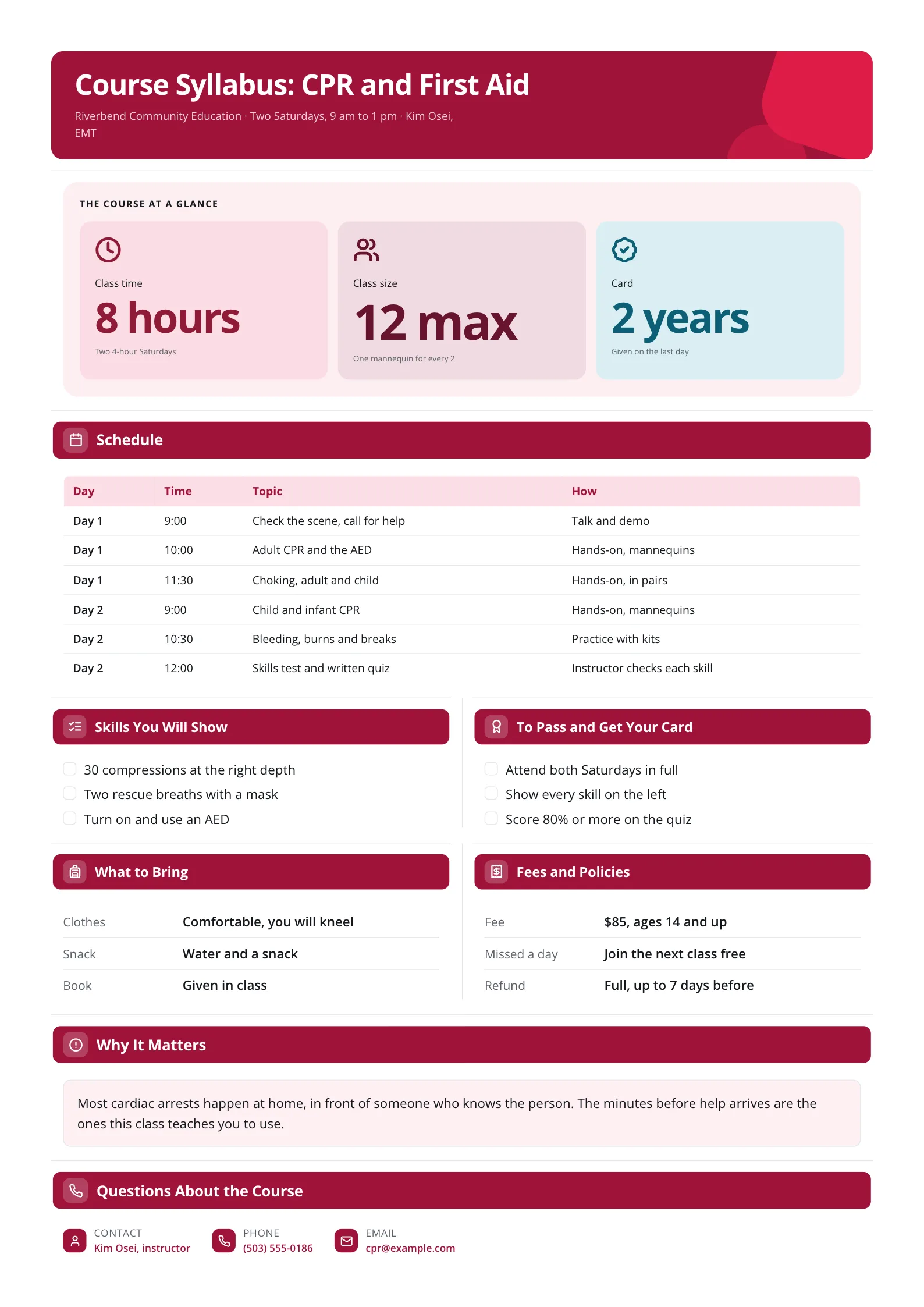 CPR and first aid course syllabus One-Pager with a two-day schedule, skills checklist and pass rules