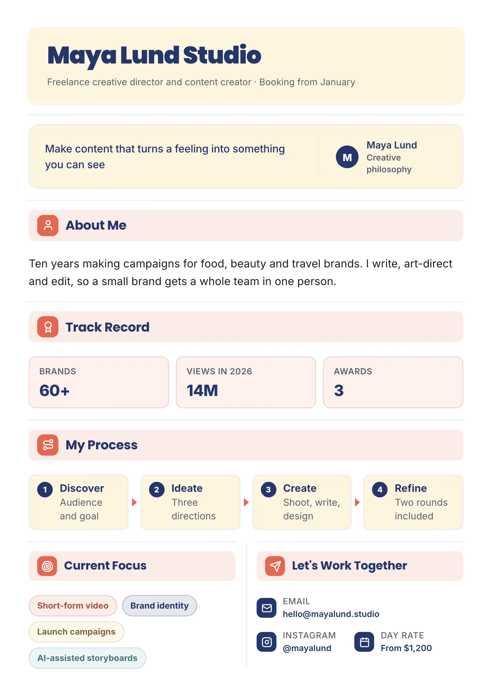 Creative portfolio One-Pager template for a freelance creative director with a philosophy quote, about me, a track record in numbers, a process flow, current focus and day rate