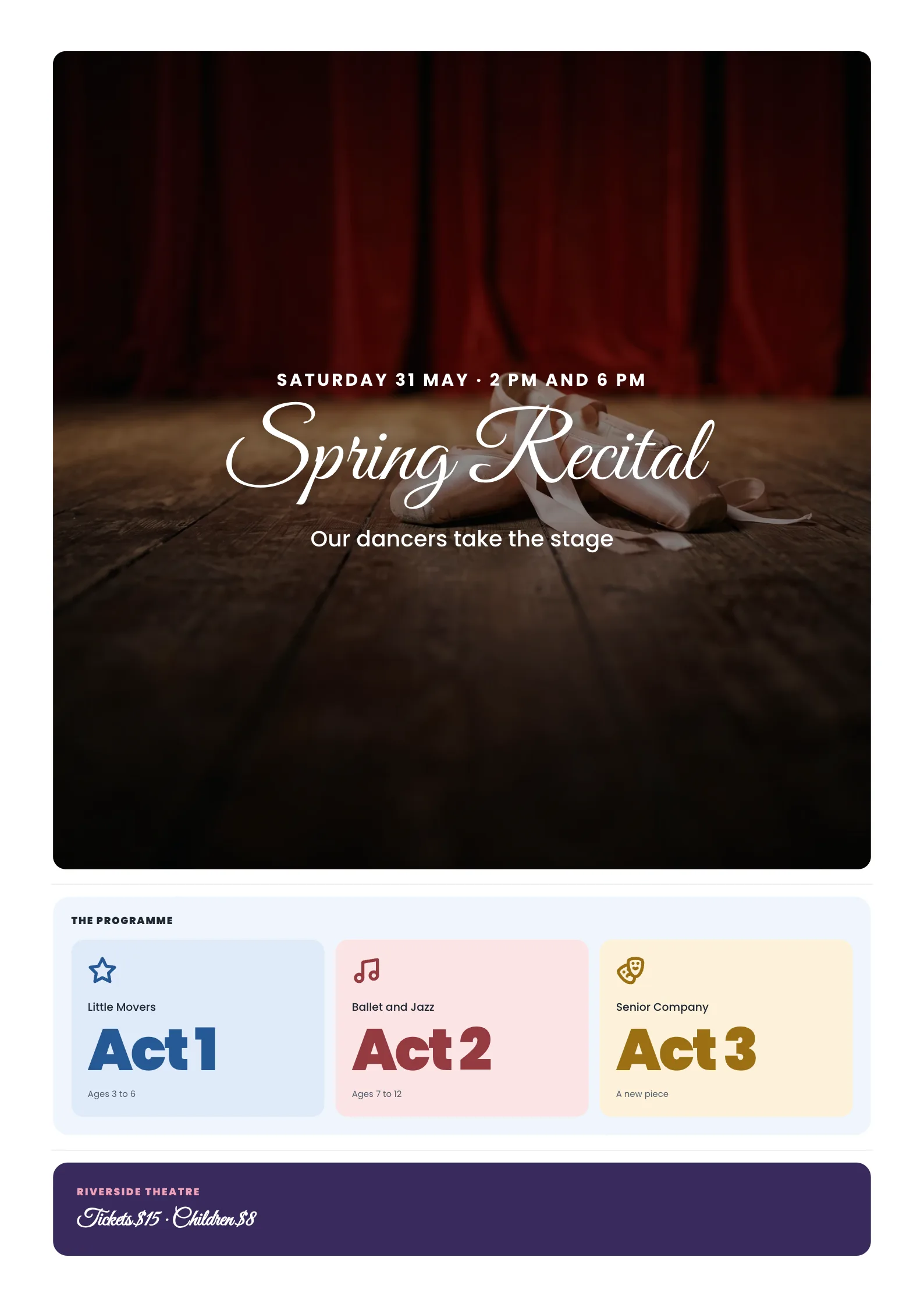 Dance Recital Poster with pink ballet shoes on a wooden stage under a soft spotlight with a red curtain behind
