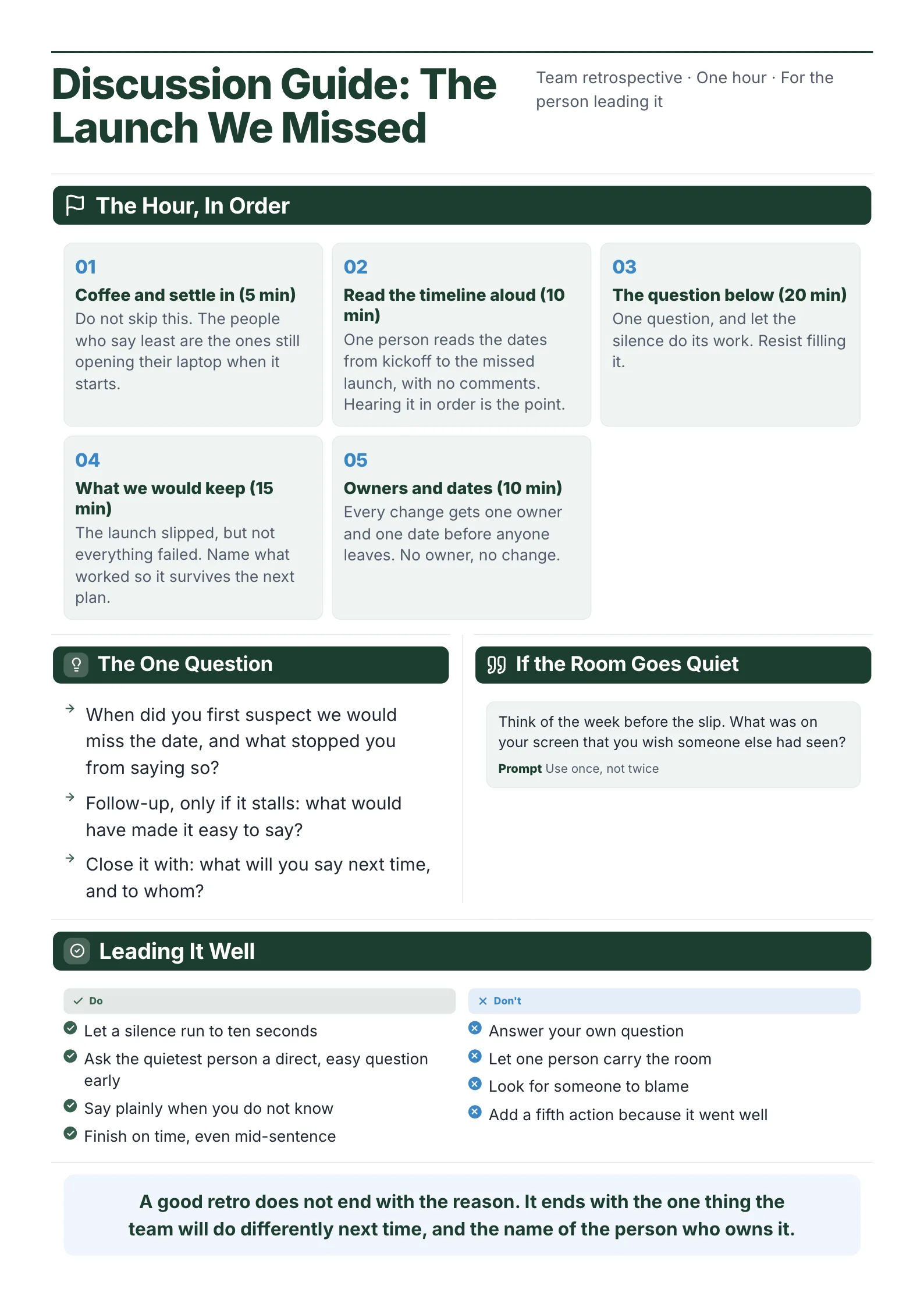 Discussion guide for leading a team retrospective after a missed launch with timed steps, the key question, a prompt and dos and don'ts