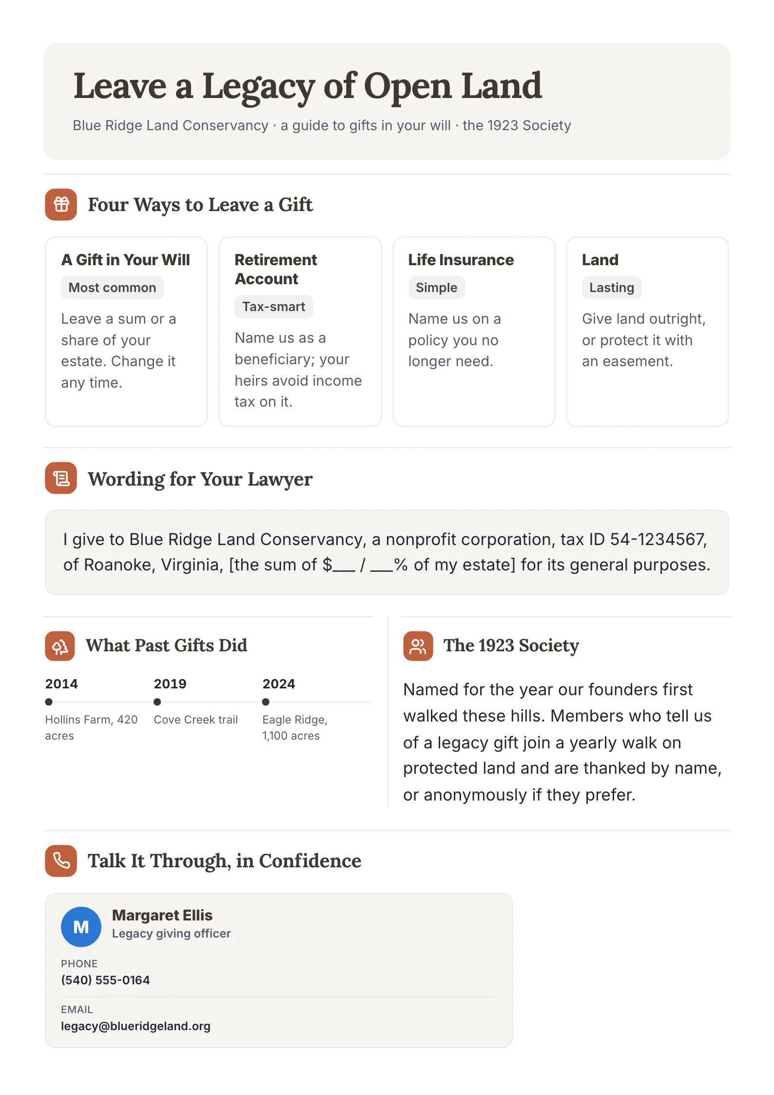 Donor legacy giving guide with four ways to leave a gift, will wording, past legacy gifts and the legacy society