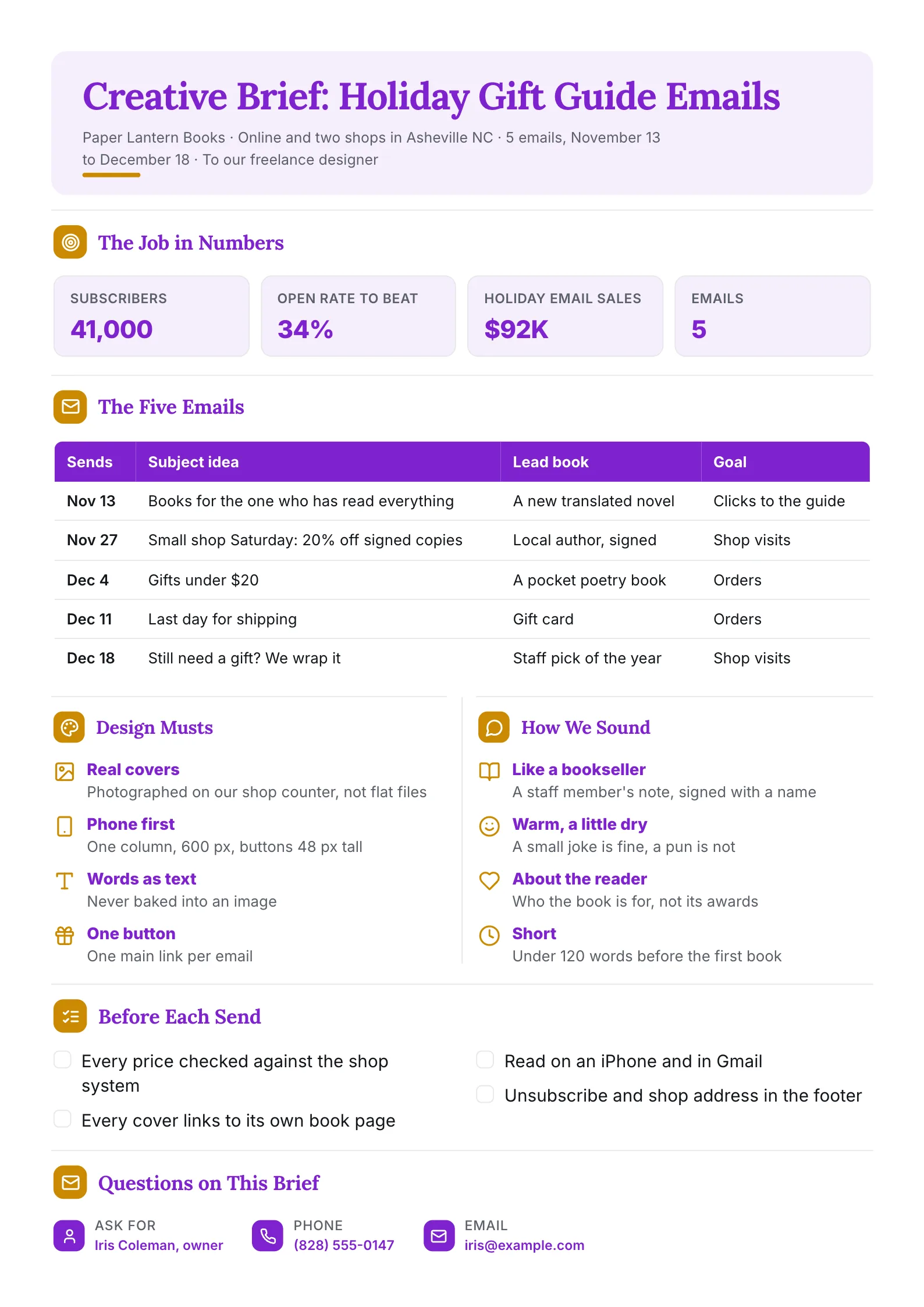 Email campaign brief One-Pager with email targets, a five-email send plan and a checklist before each send