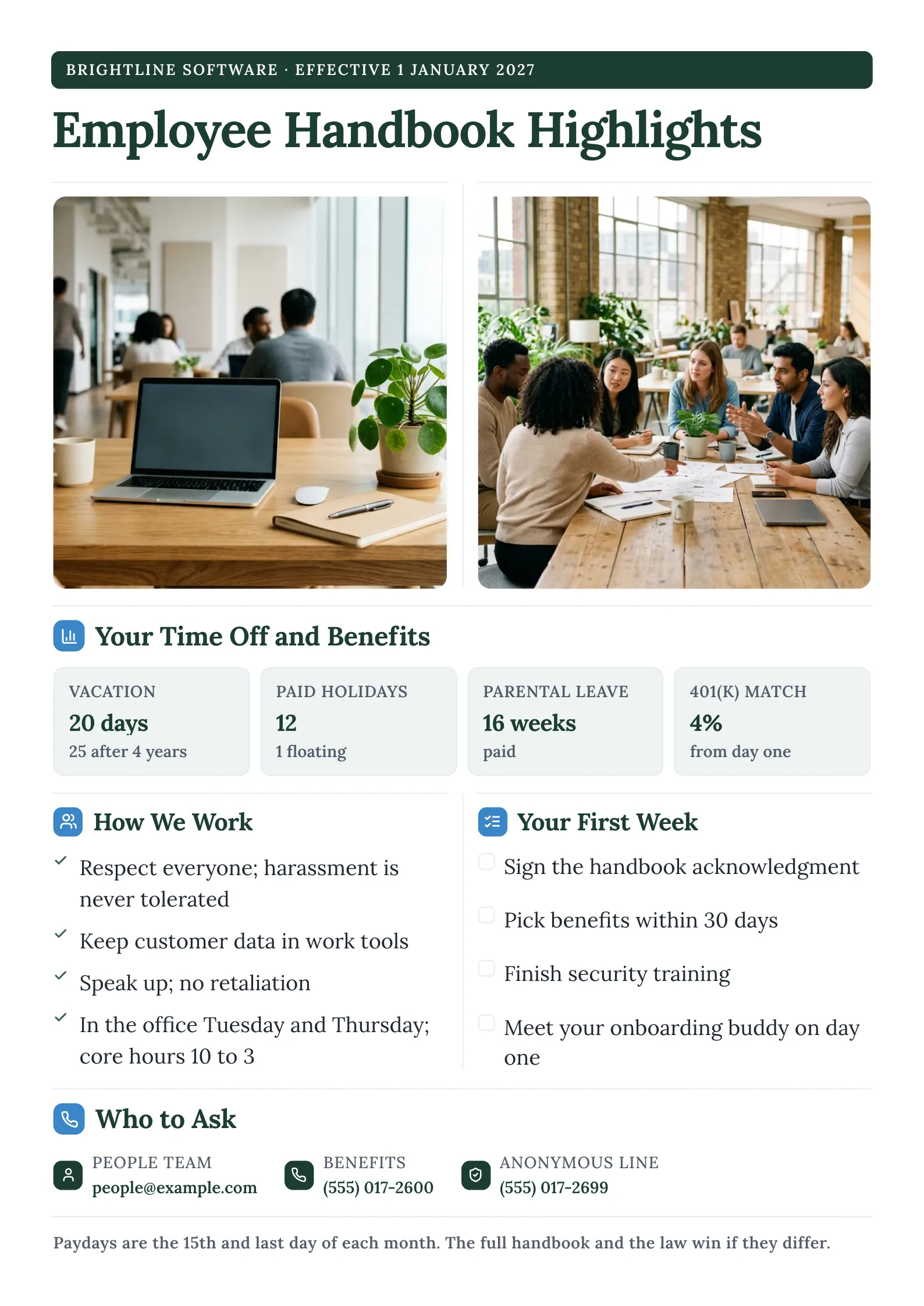 Employee handbook highlights with two office photos, time off and benefit tiles, conduct rules and contacts