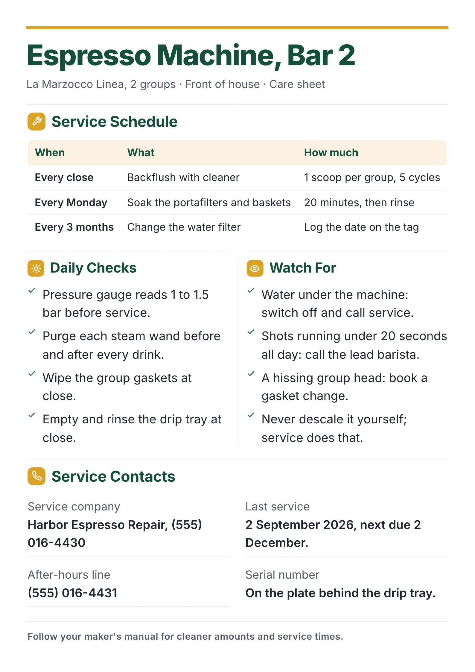 Equipment care sheet for a commercial espresso machine with a service schedule, daily checks, warning signs and service contacts