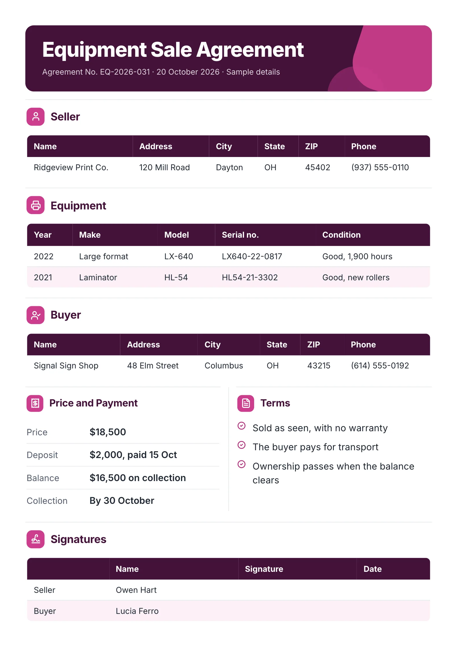 Equipment sale agreement One-Pager template with the seller, the equipment, the buyer, price and payment, the terms and a signature block