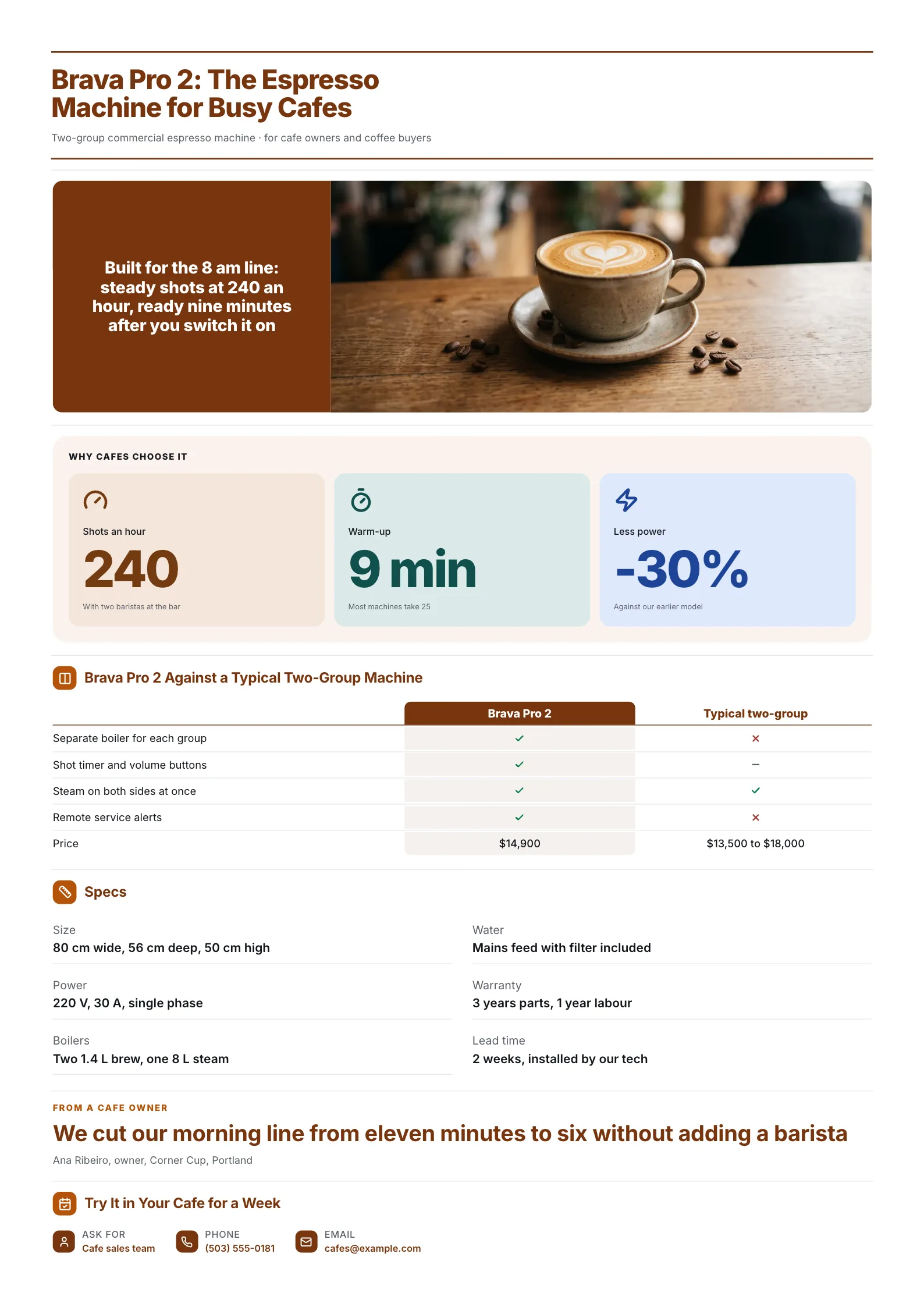 Commercial espresso machine sell sheet One-Pager with a latte art photo, key numbers, a comparison and specs