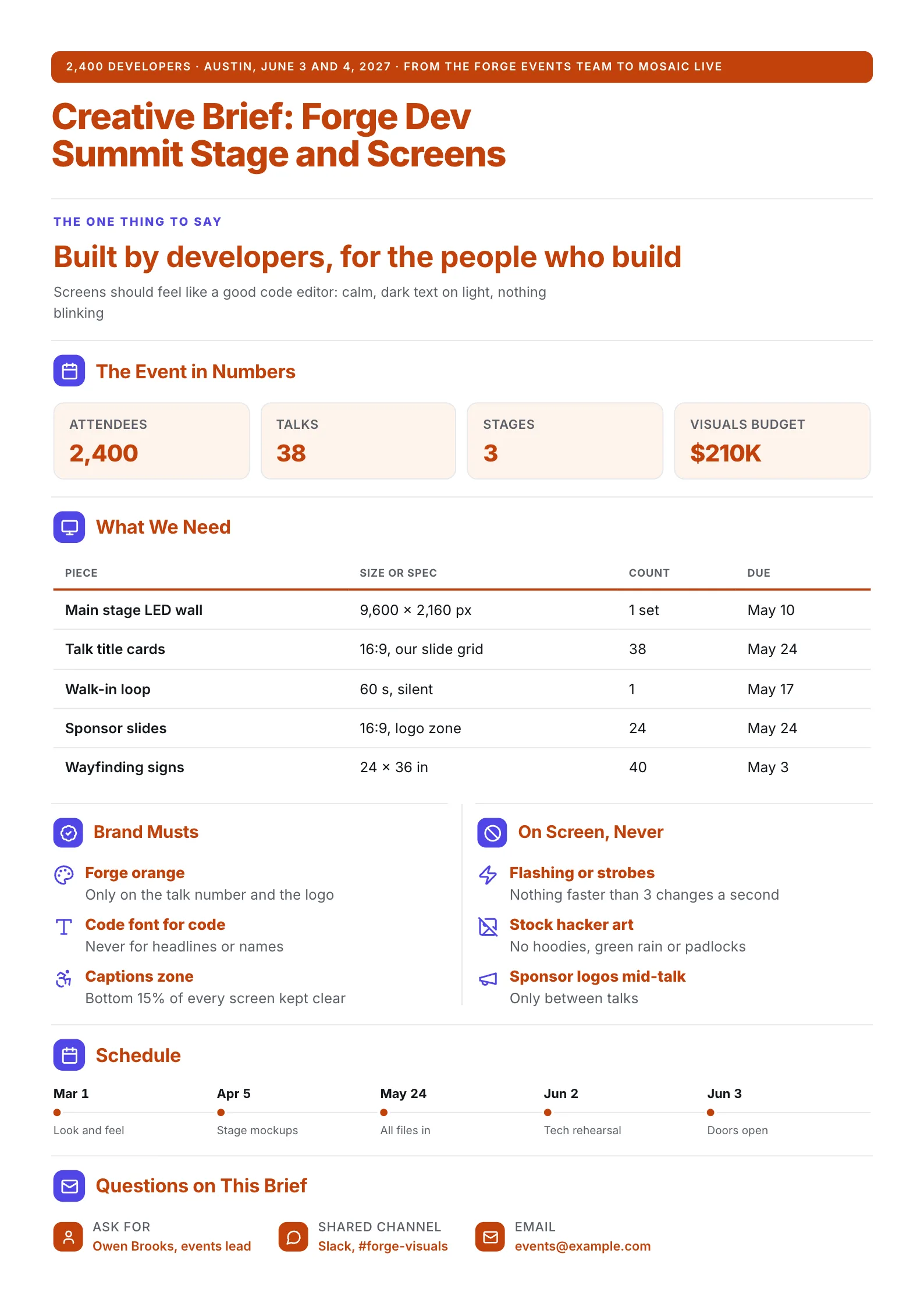 Event creative brief One-Pager with event numbers, a stage and screen deliverables table and a schedule