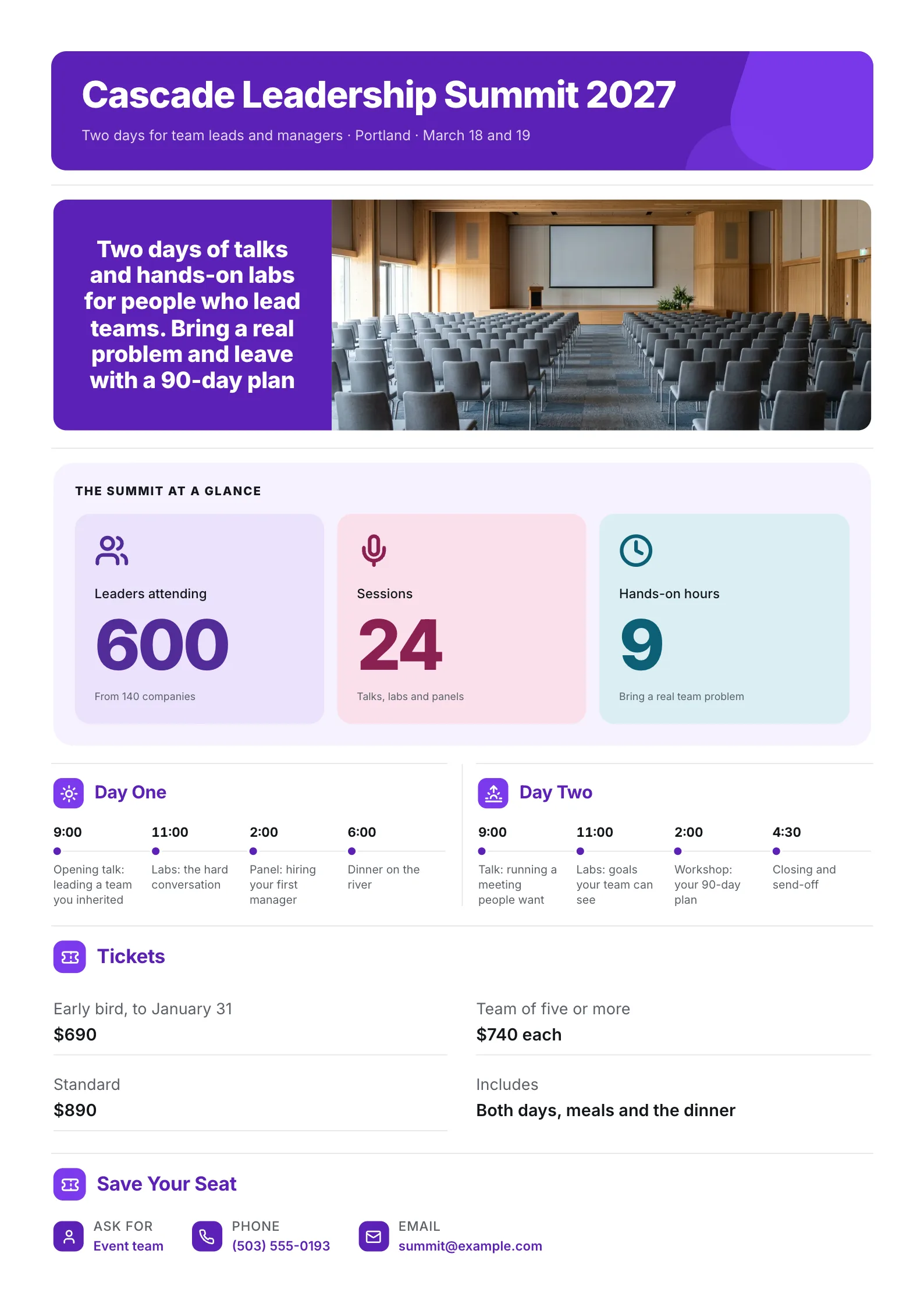 Event One-Pager template with a colour header, a venue photo, the event in numbers, two days of agenda and ticket prices