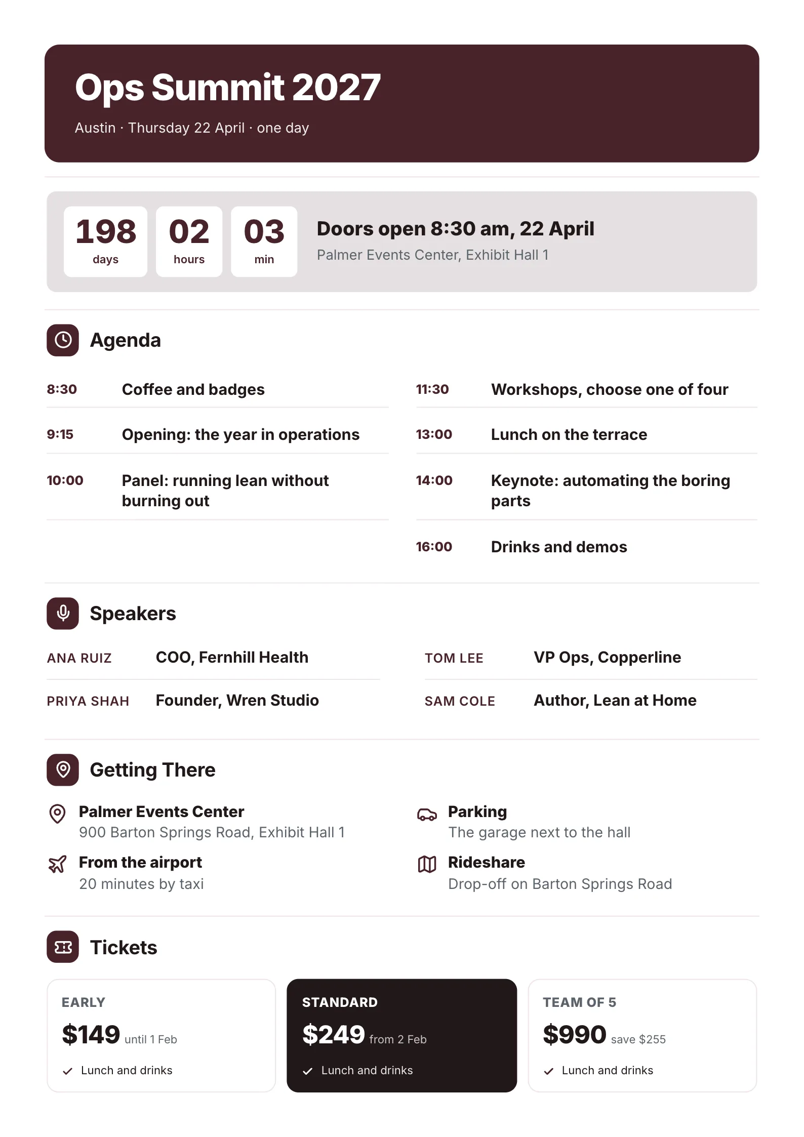 Event One-Pager template with a countdown to the day, the agenda, the speakers, how to get there and ticket prices