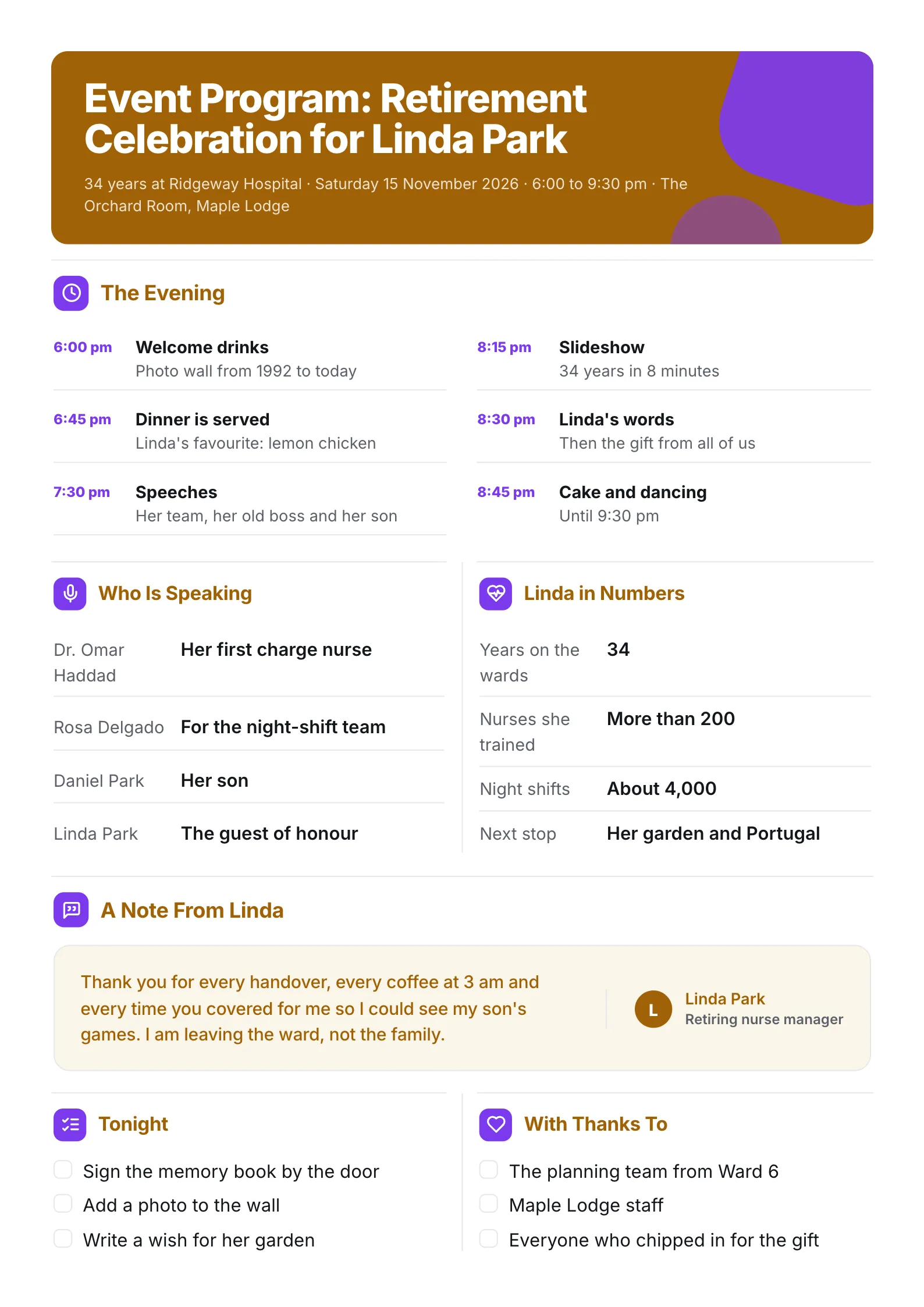 Event program One-Pager for a retirement celebration with the evening schedule, speakers, a note from the retiree and thanks