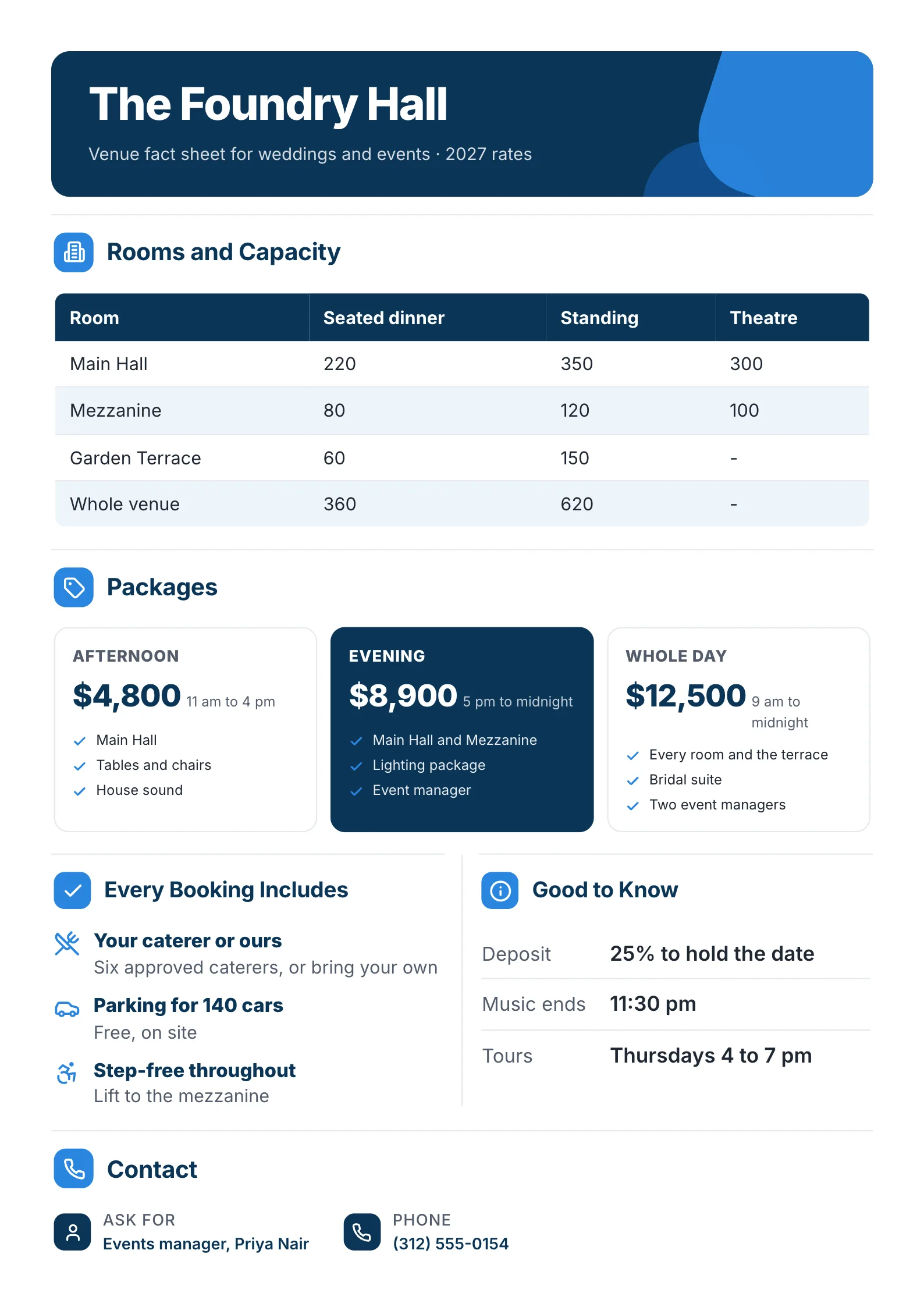 Event venue fact sheet One-Pager template with rooms and capacity, three packages with prices, what every booking includes and the booking terms