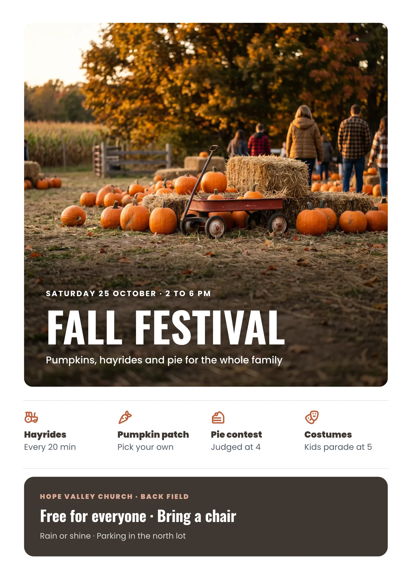 Fall Festival Poster with a pumpkin patch with hay bales, a red wagon and orange pumpkins in late afternoon light