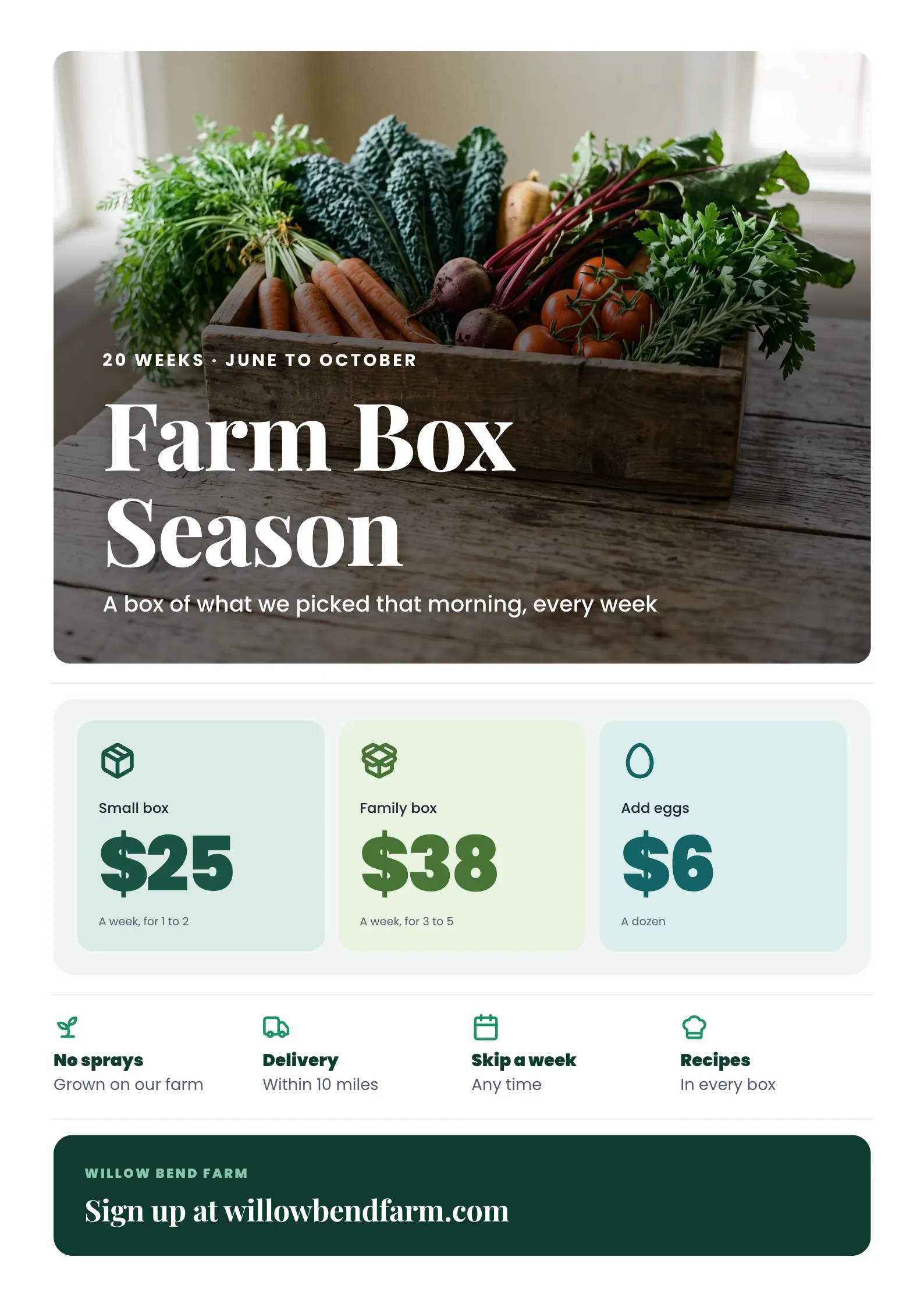 Farm Box Flyer with a wooden farm box filled with carrots, kale, beets, tomatoes and herbs on a farmhouse table