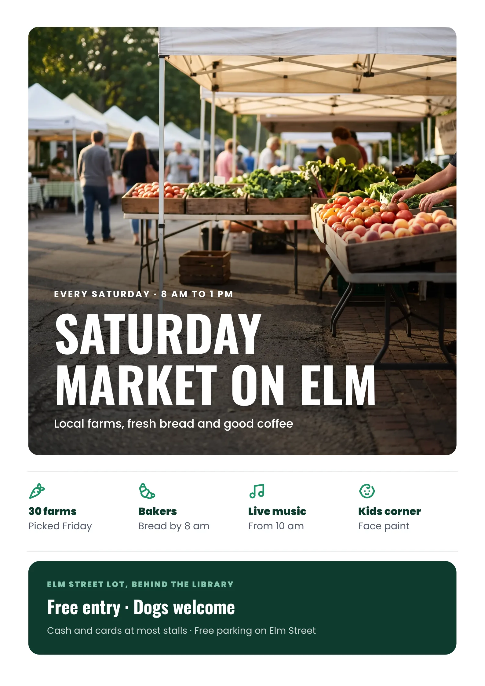 Farmers market poster with produce crates under white tents, a bold title, four highlights and a location band