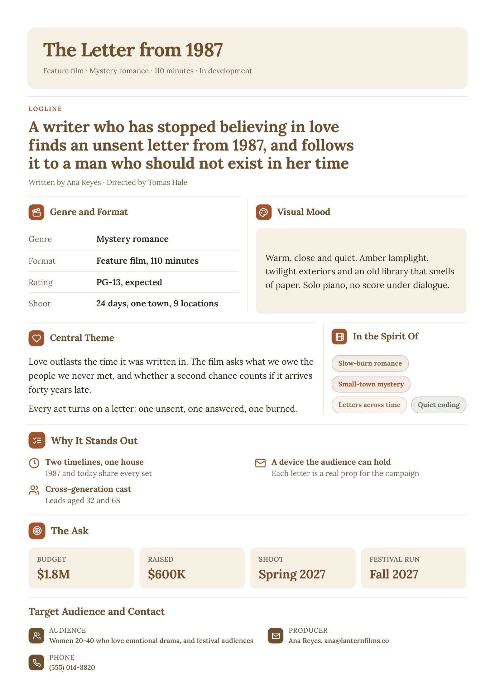 Film logline One-Pager template for a mystery romance feature with the logline up top, genre and runtime, visual mood, theme, comparable films and the budget ask