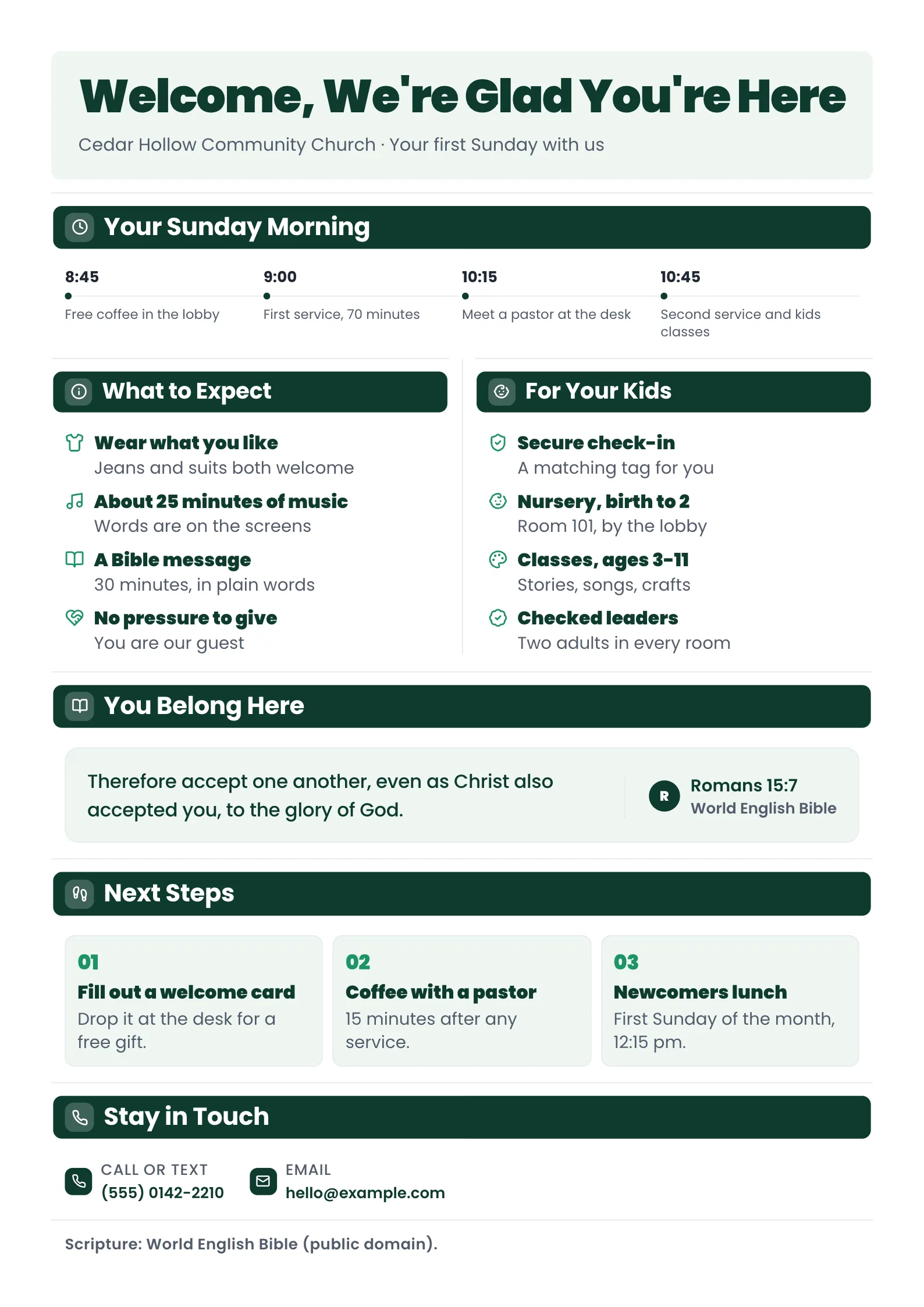 Church welcome sheet with a Sunday morning timeline, what to expect, kids care, next steps and contact details