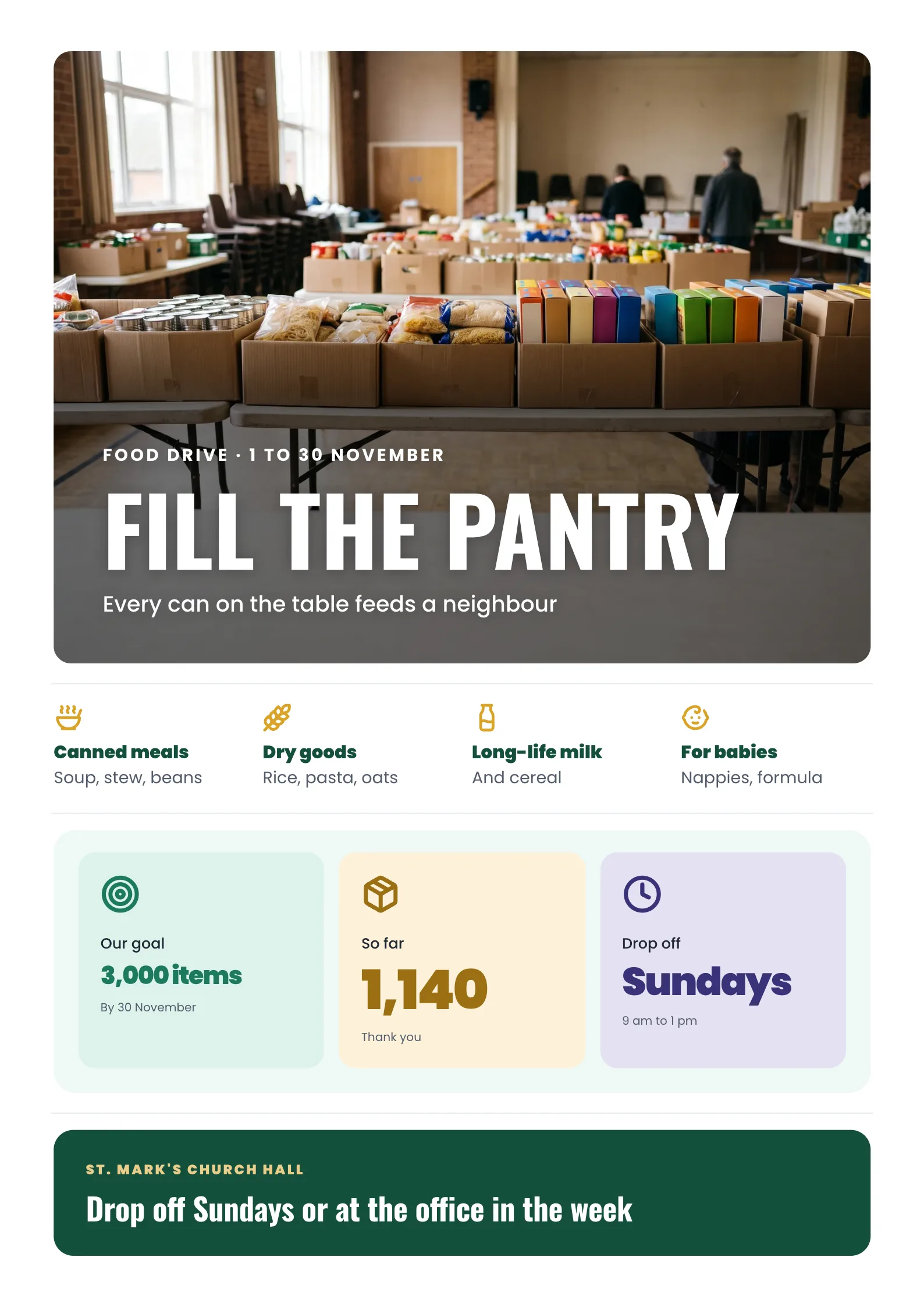 Food Drive Flyer with cardboard boxes filled with canned goods, pasta, rice and cereal on folding tables