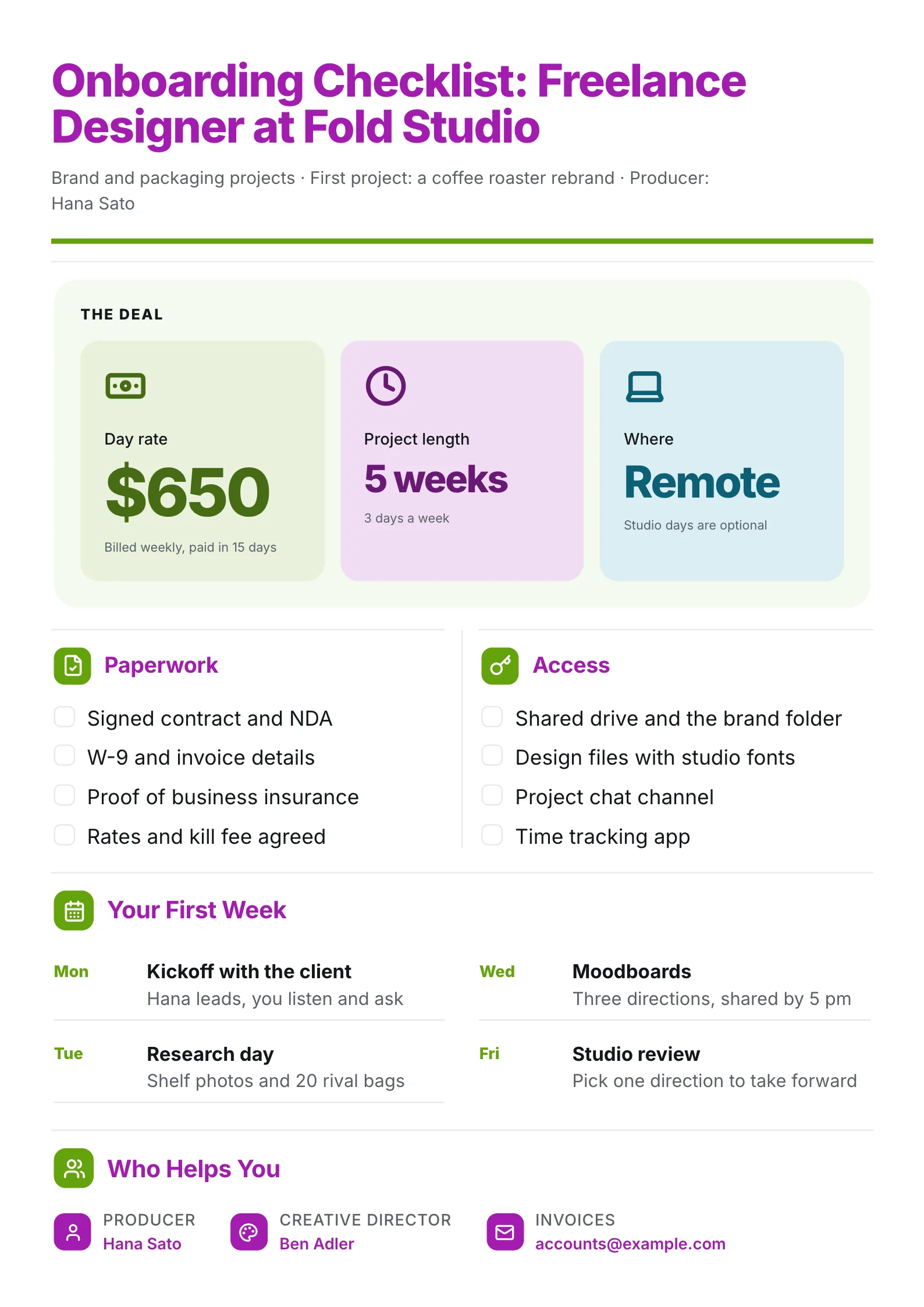 Freelance designer onboarding checklist One-Pager with terms, paperwork, access and first week