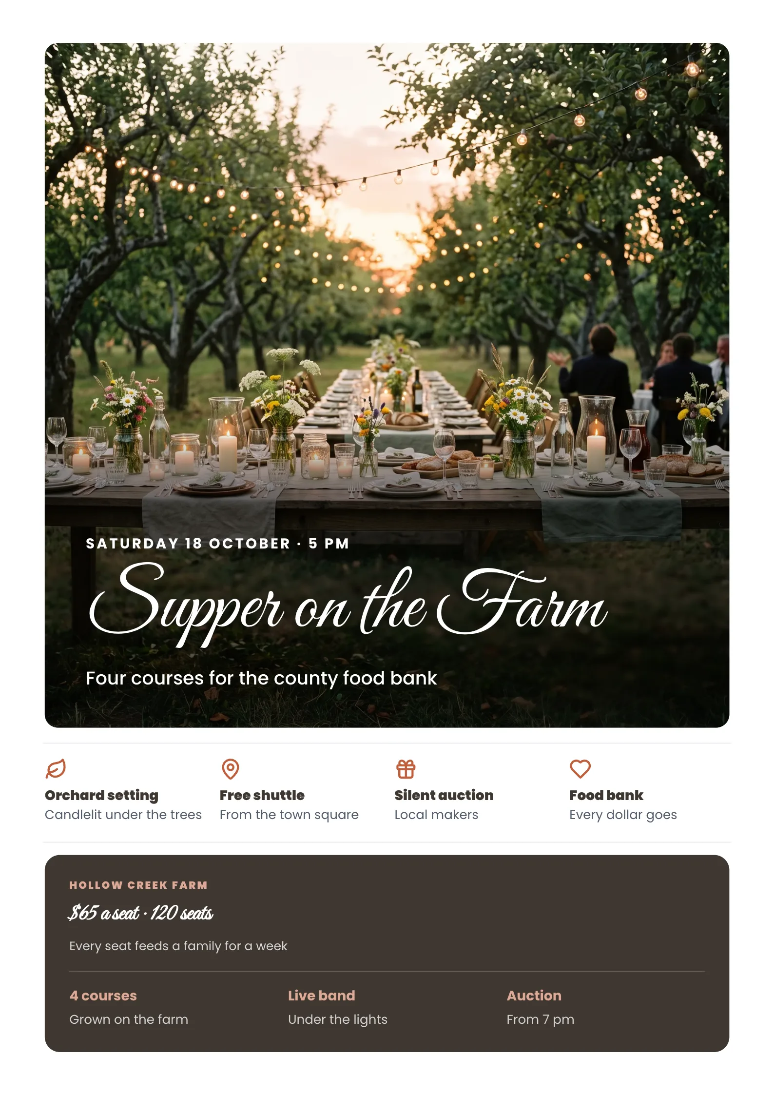 Fundraiser dinner poster with a script title over an orchard table under string lights, ticket price and three highlights