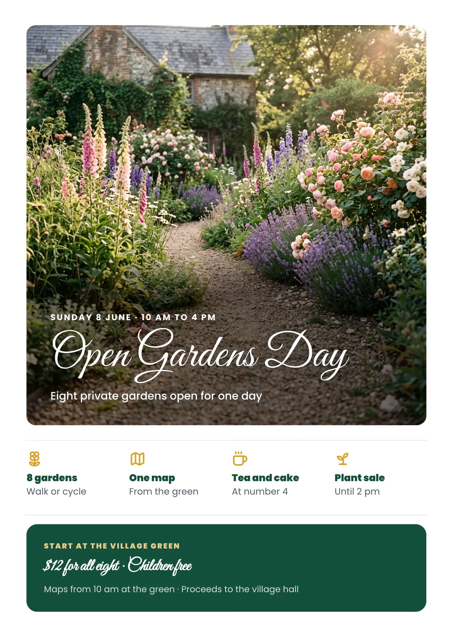 Garden Tour Poster with a gravel path winding through a cottage garden full of roses, foxgloves and lavender