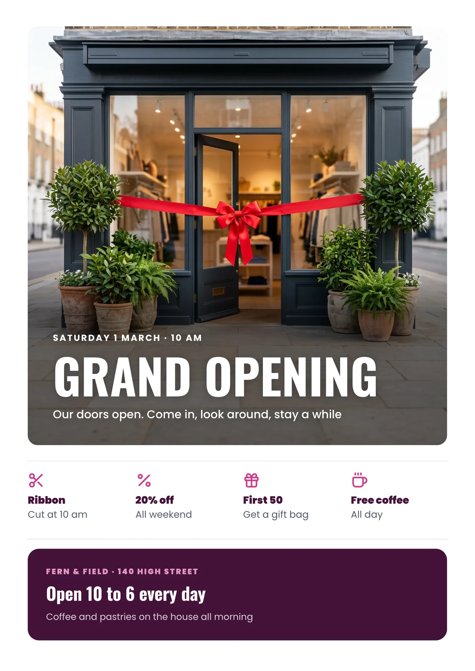 Grand Opening Poster with a bright new shopfront with a big red ribbon tied across its open glass door