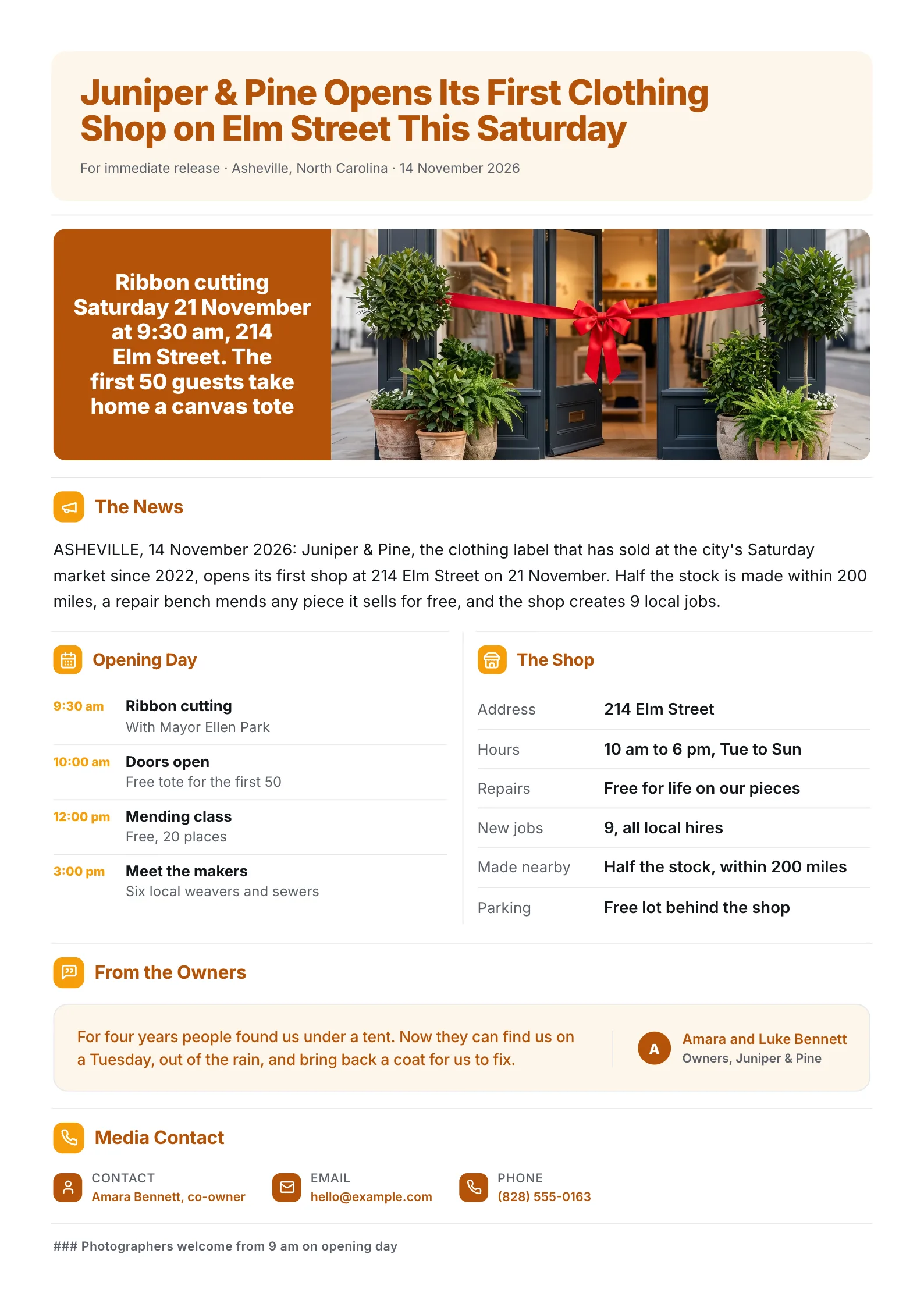Grand opening press release One-Pager for a clothing shop with a ribbon photo, opening schedule and owner quote