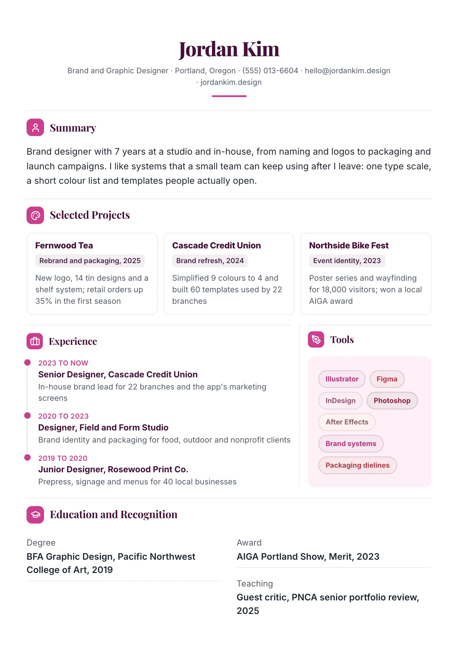 Graphic designer resume with a summary, three selected brand projects with results, design jobs, tools and a portfolio link