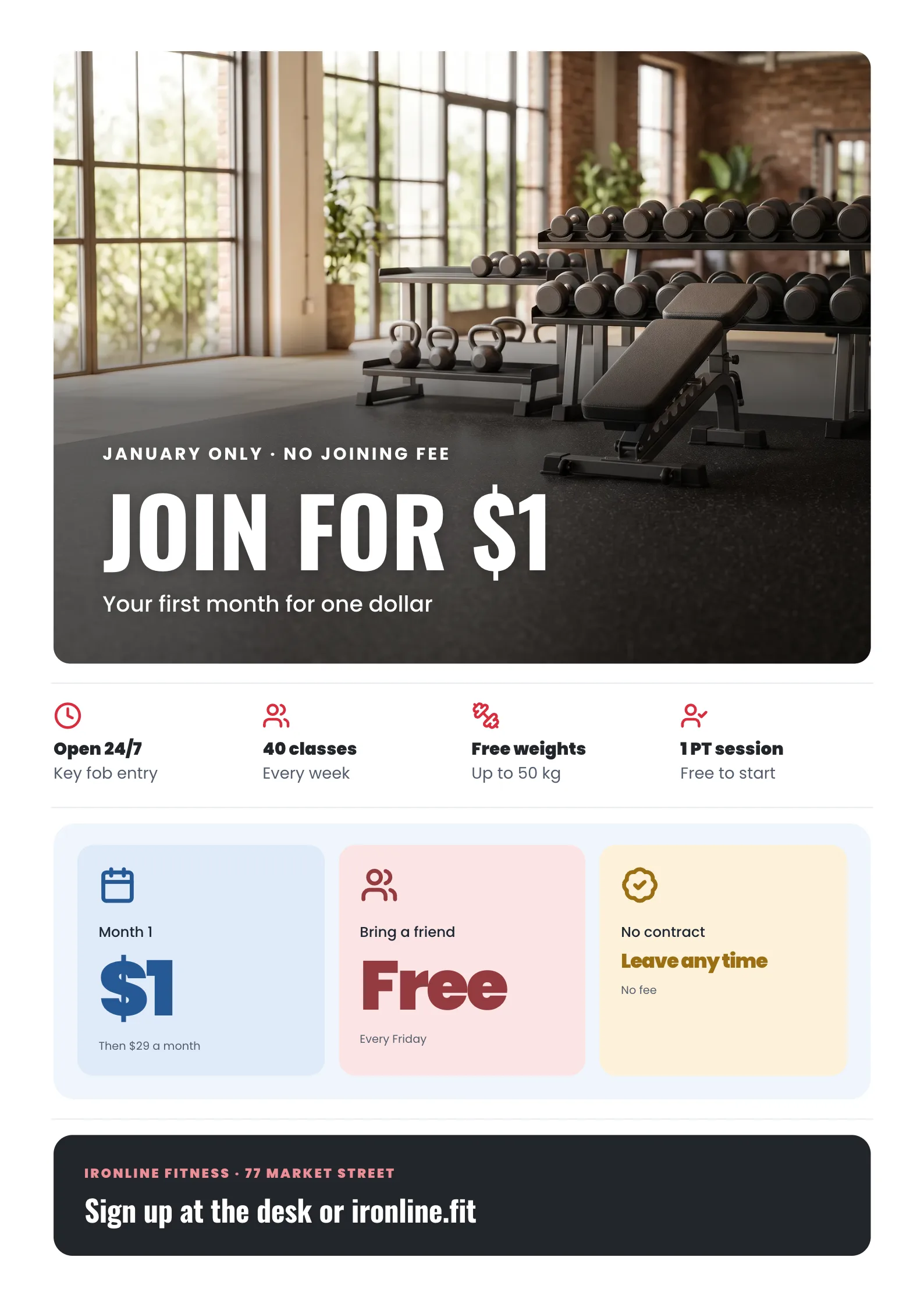 Gym Promo Flyer with a clean bright gym with a rack of dumbbells, kettlebells and a bench by large windows
