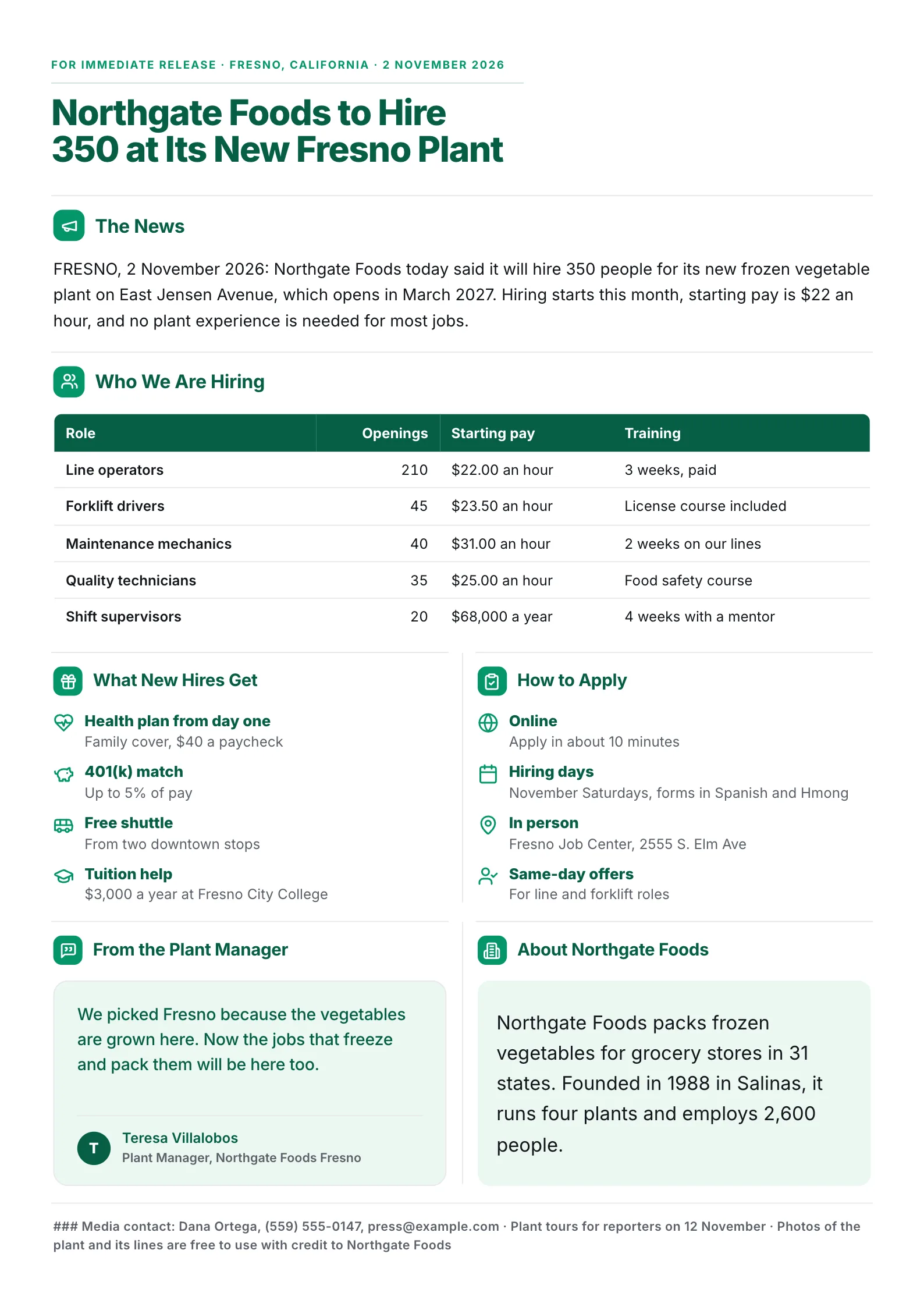 Hiring announcement press release One-Pager with job numbers, a roles and pay table and how to apply