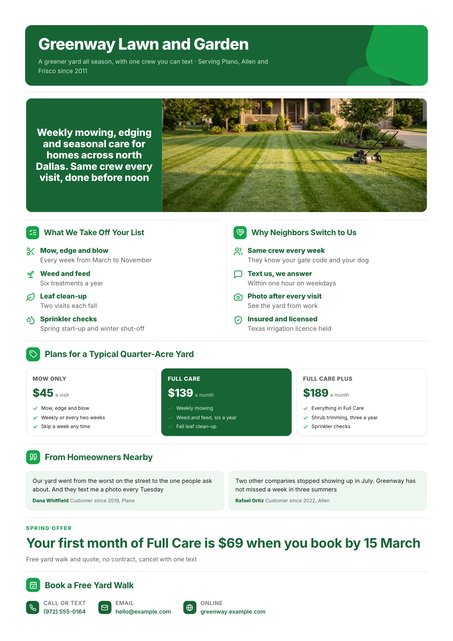 Lawn care marketing One-Pager with a striped lawn photo, services, three priced plans and homeowner reviews