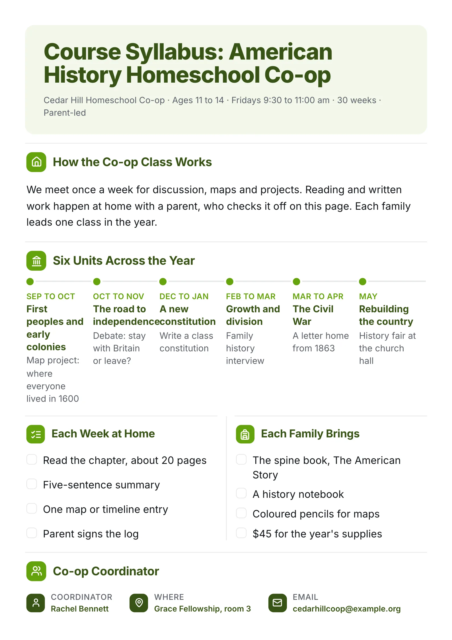 Homeschool co-op history course syllabus One-Pager with a year timeline and weekly home checklists