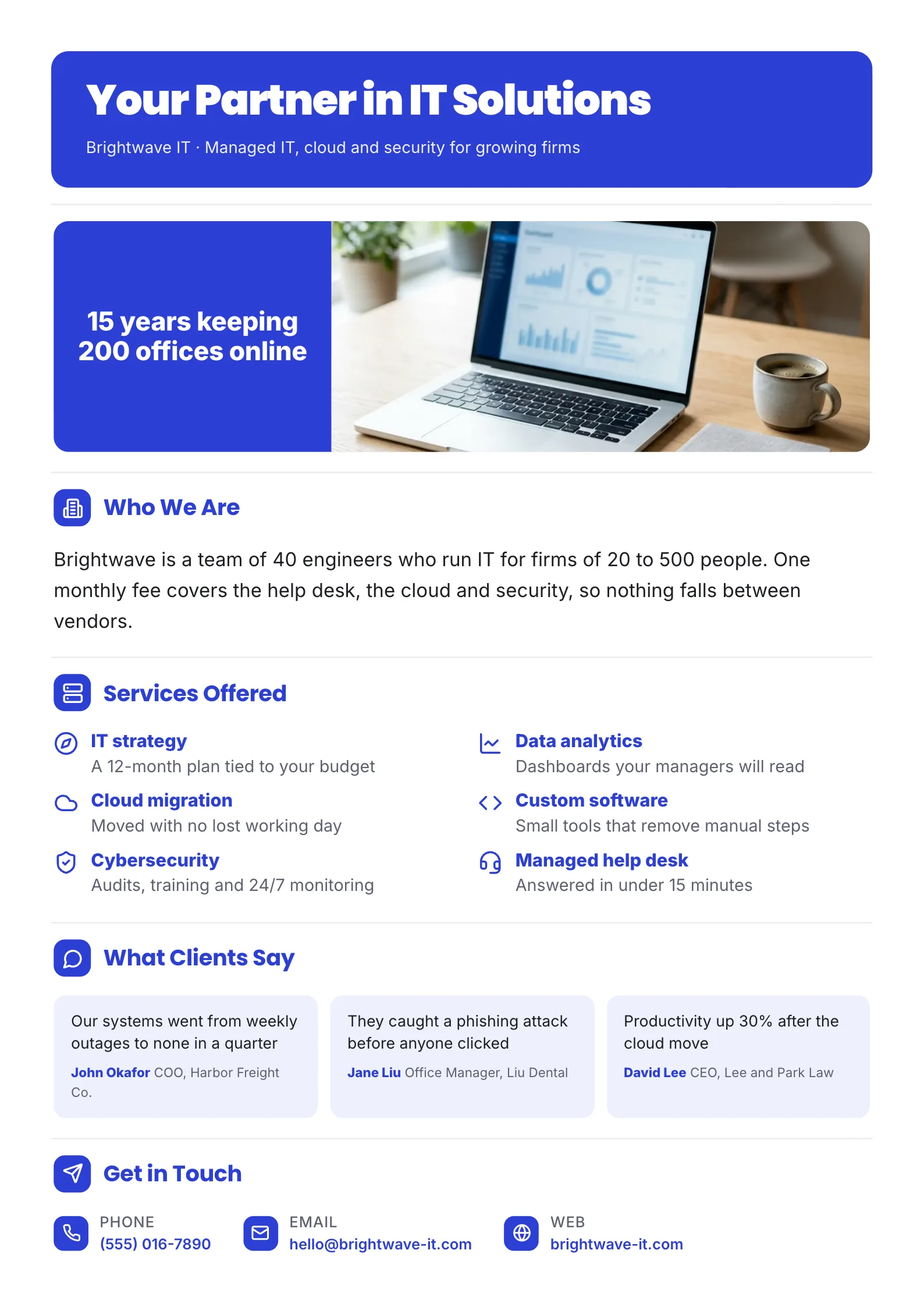 IT services One-Pager template for a managed IT firm with a team photo, who we are, four services from cloud migration to cybersecurity, client quotes and contact details
