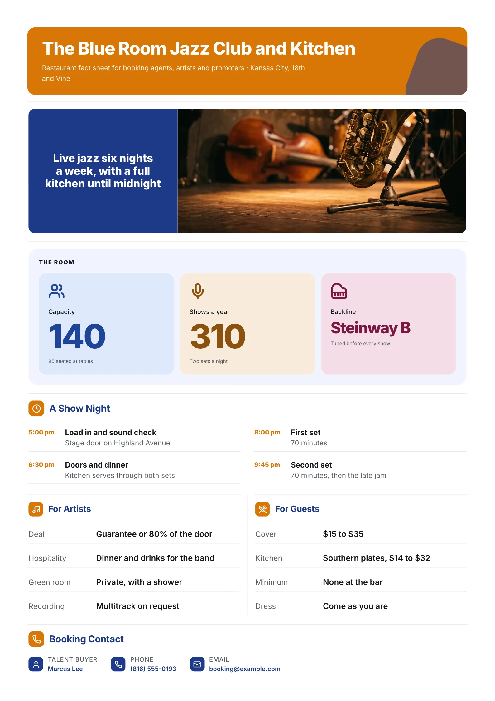 Restaurant fact sheet for a jazz club and kitchen with a stage photo, room numbers and a show night schedule