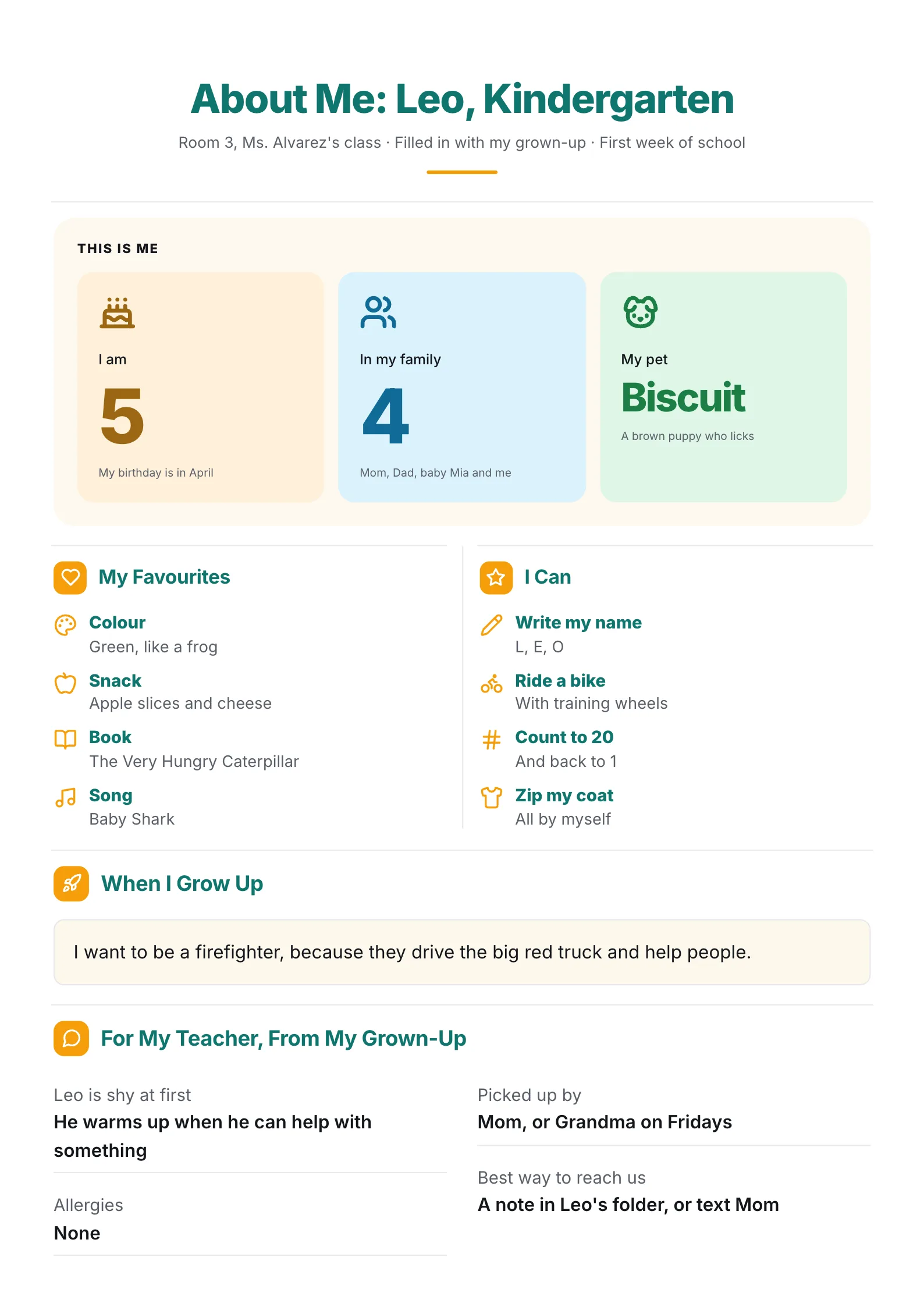 Kindergarten about me One-Pager with age, family and pet, favourite things and a note from a parent