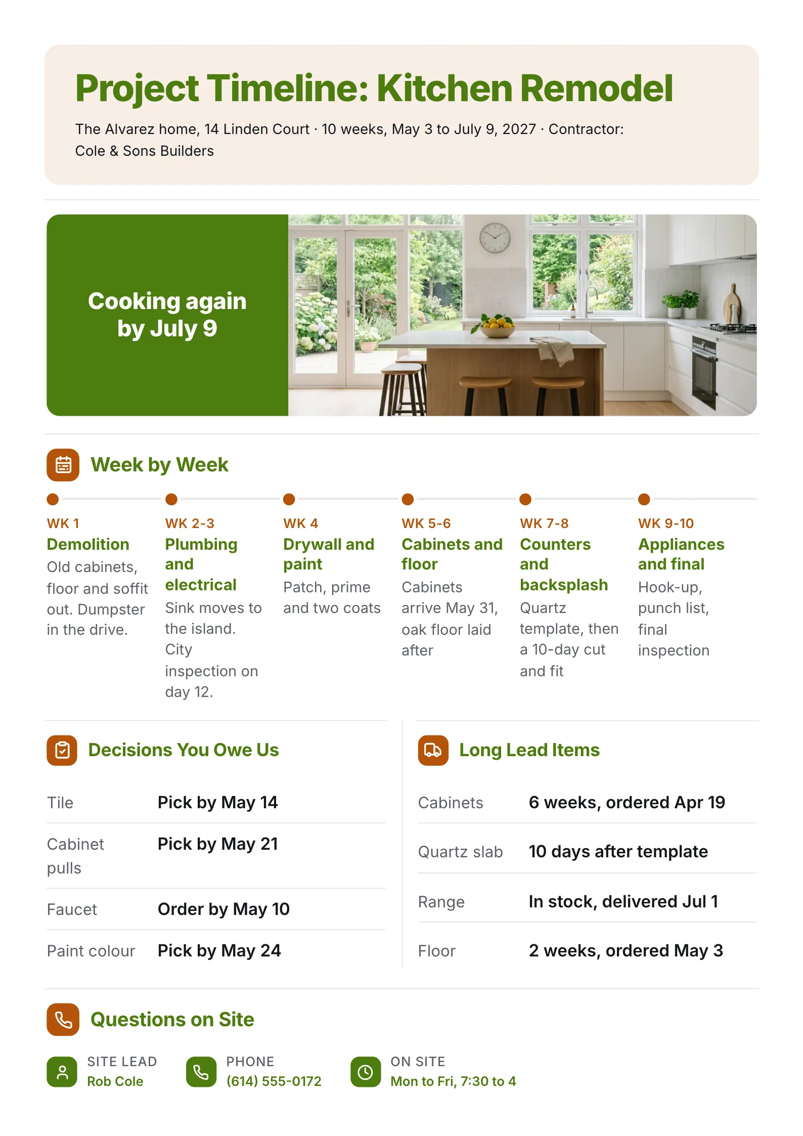 Kitchen remodel project timeline One-Pager with a week-by-week plan, owner decisions and lead times