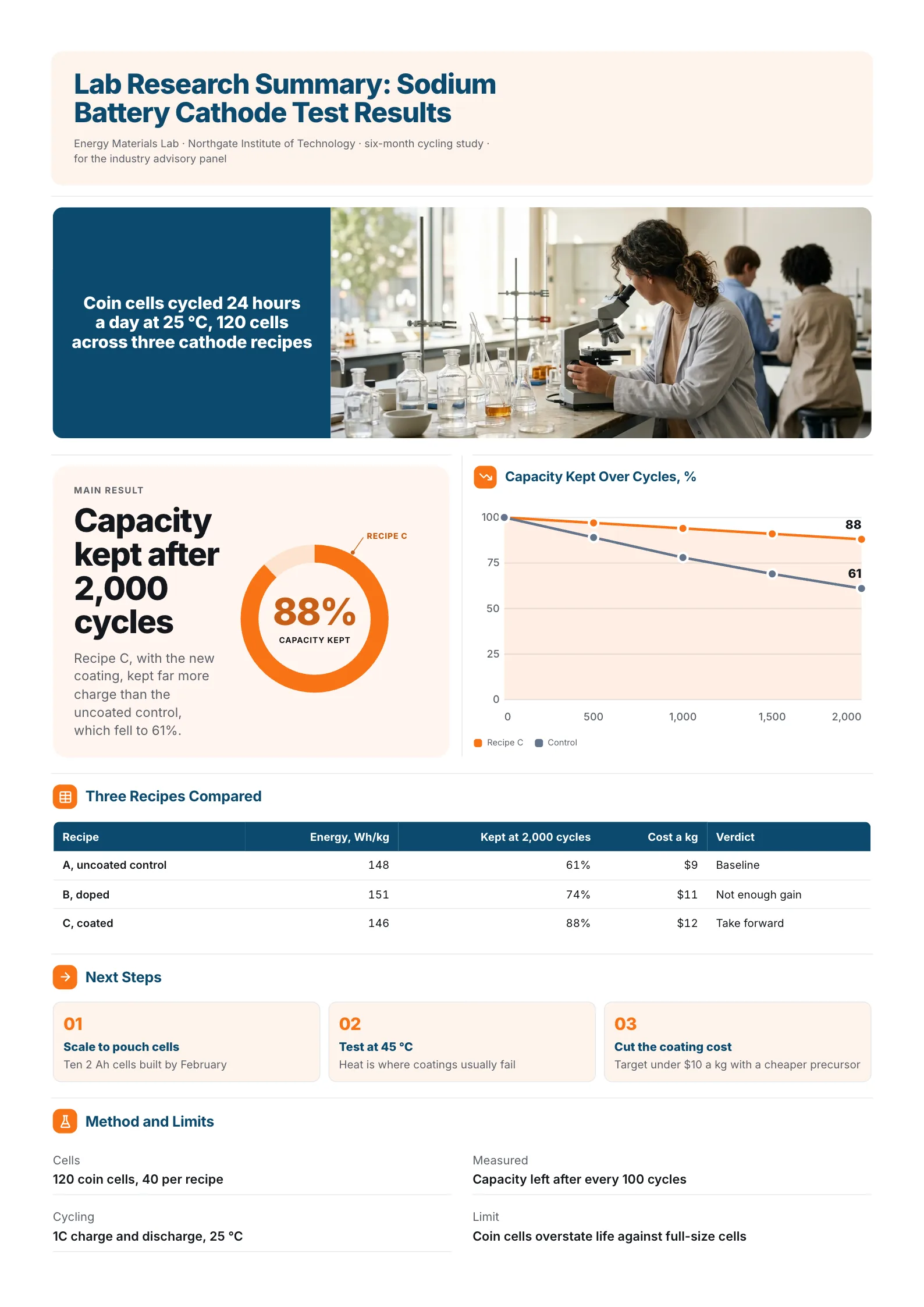 Lab research summary One-Pager with a capacity ring, a cycling line chart and three recipes compared
