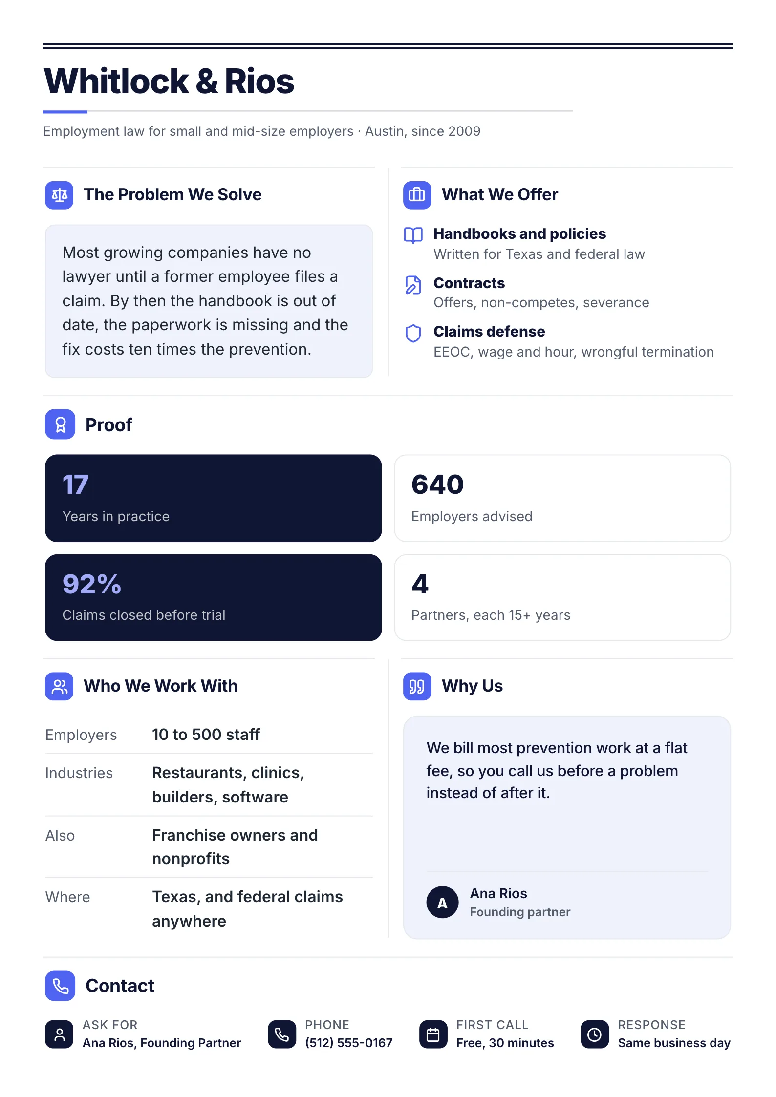 Law firm profile One-Pager template with the problem it solves, practice areas, the firm's record, who it represents and a client quote