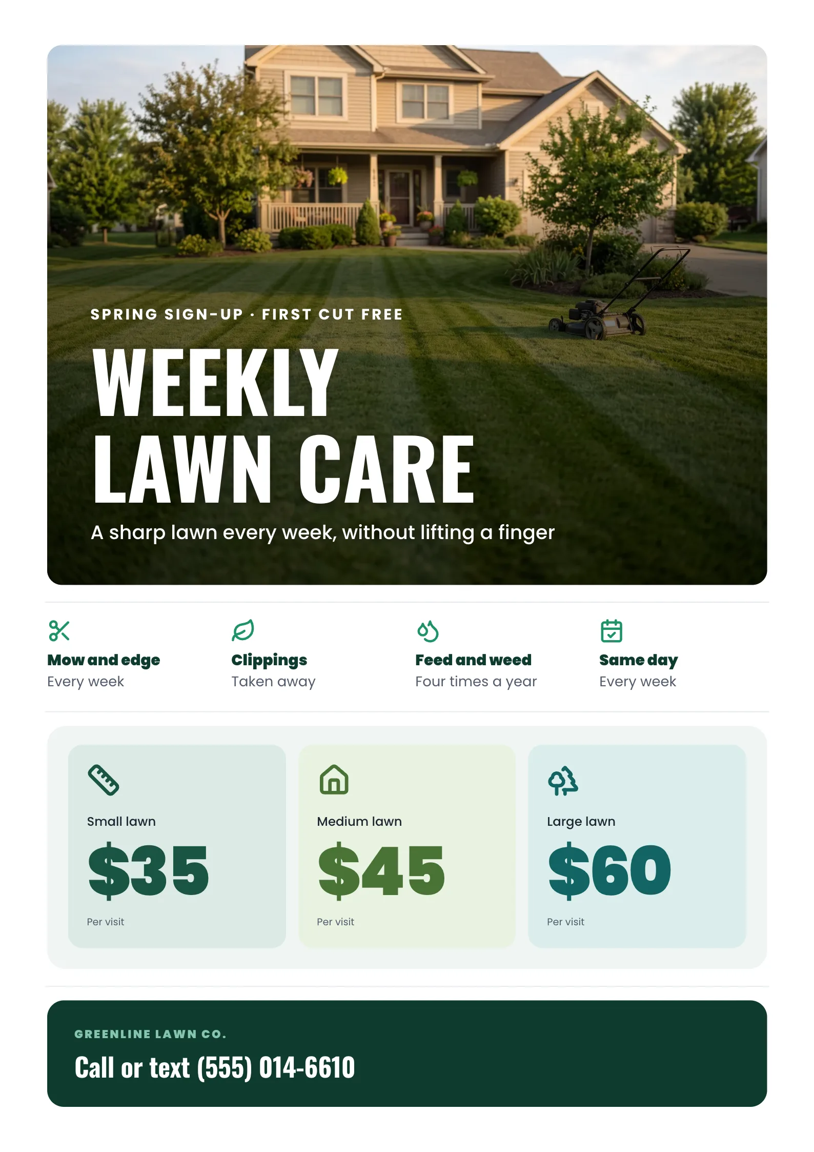 Lawn Care Flyer with a freshly mown striped green lawn in front of a family home