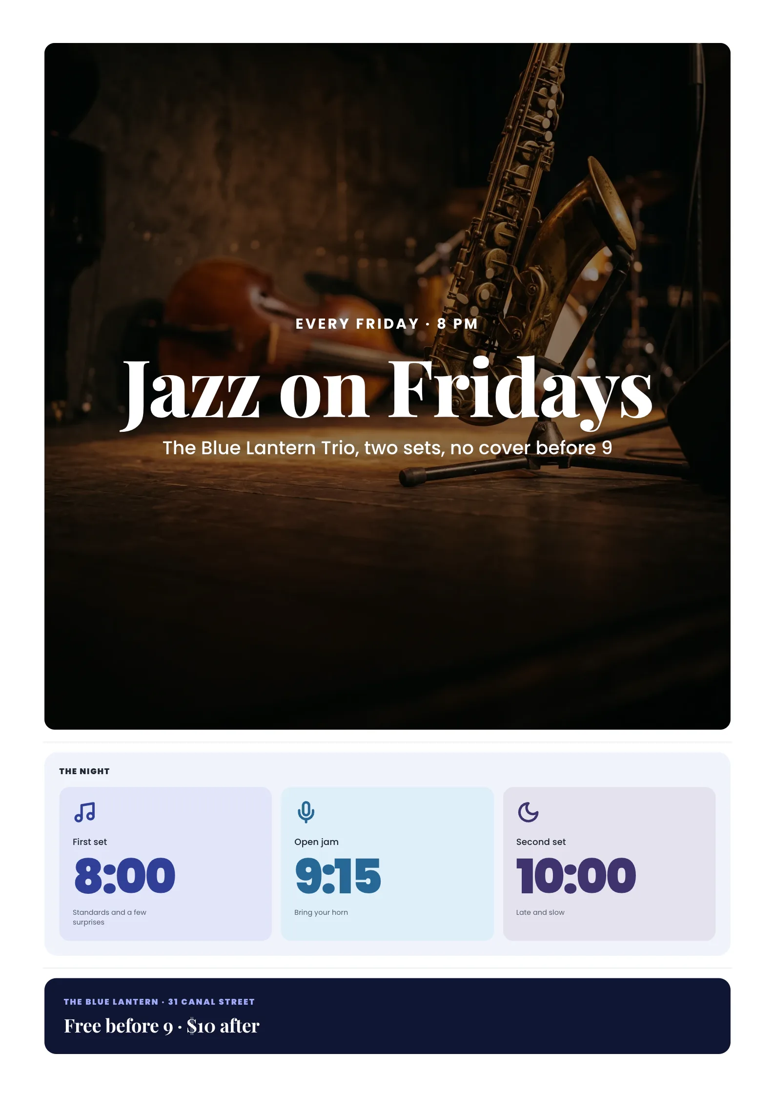 Live Music Poster with a saxophone on a stand on a small jazz club stage under a warm amber spotlight