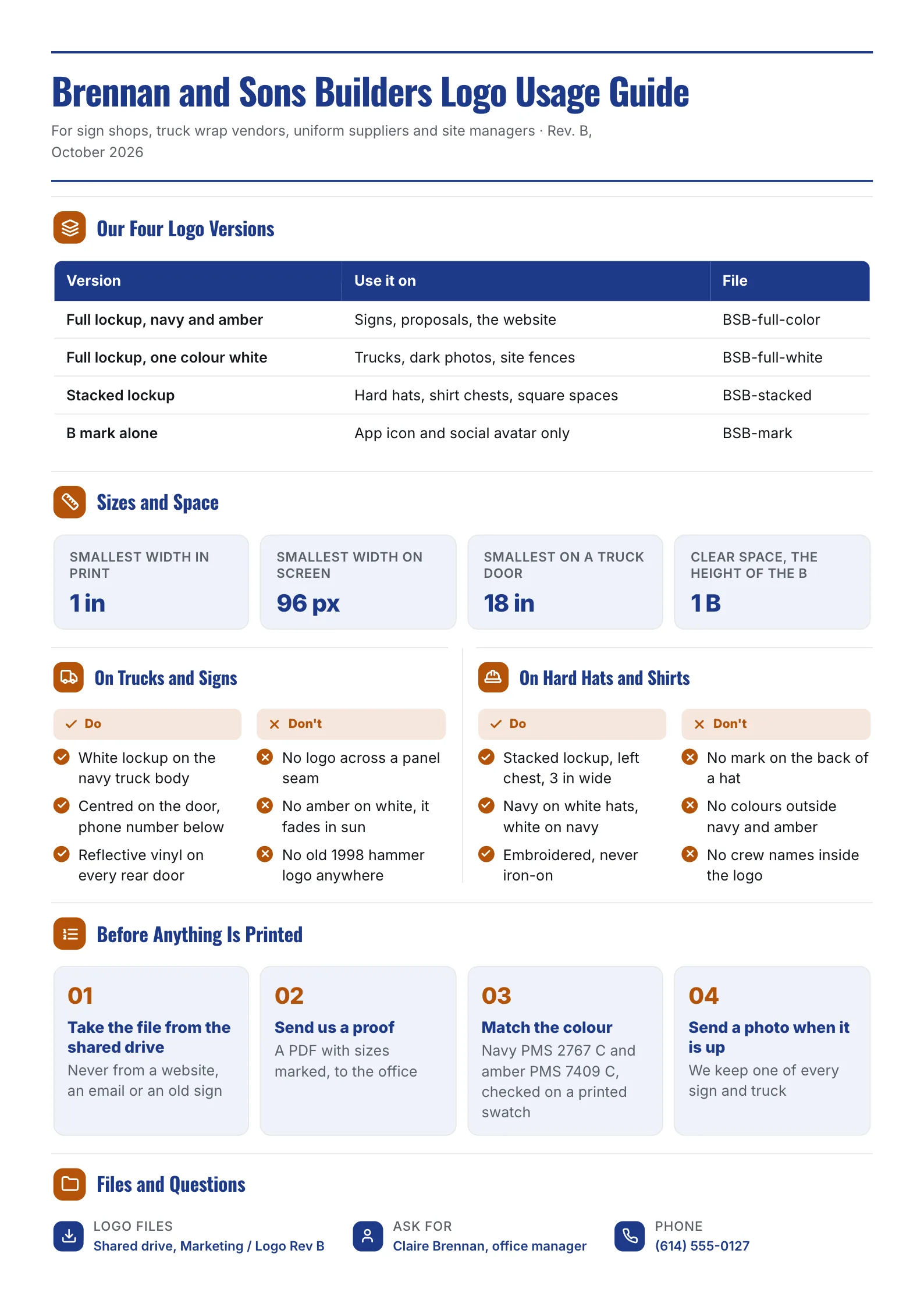 Logo usage guide One-Pager with four logo versions, minimum sizes, clear space and vehicle and uniform rules