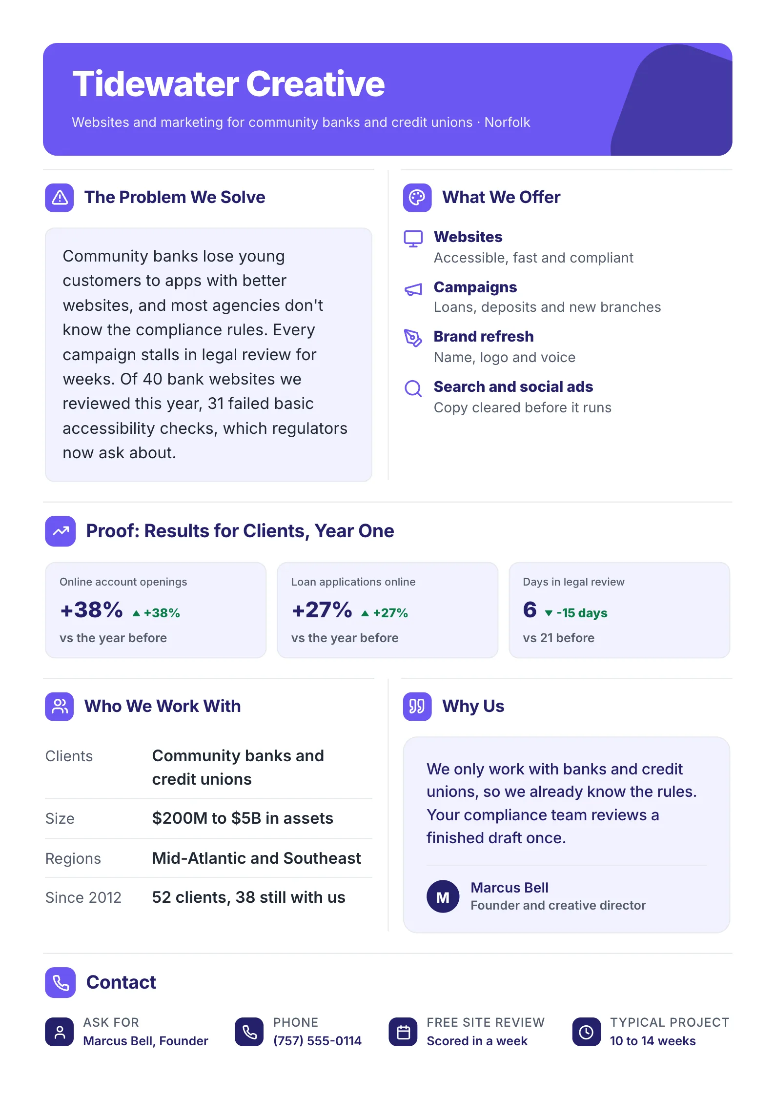 Marketing agency profile One-Pager template with services, a chart of client results in year one, who it serves and a client quote