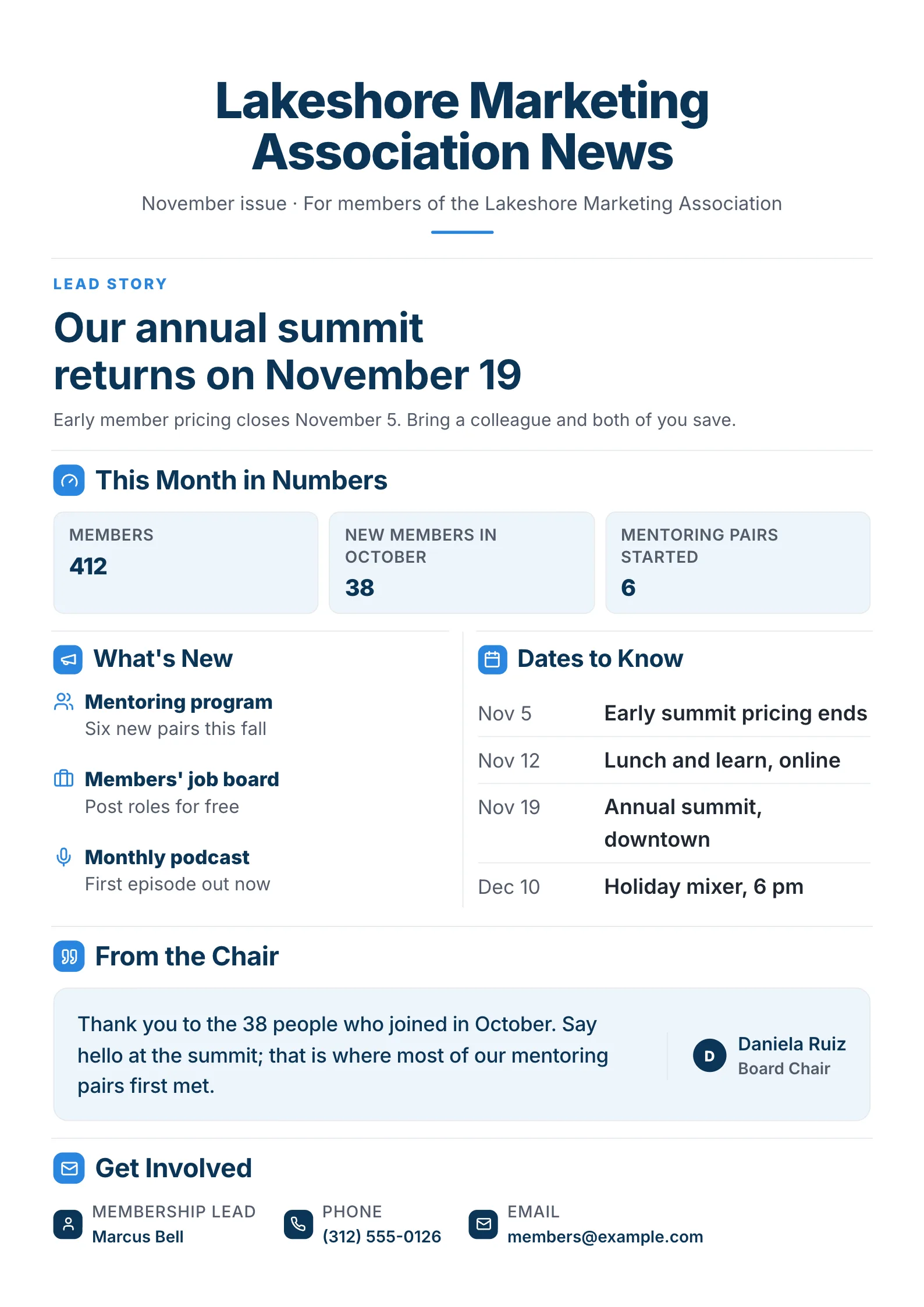 Member newsletter for a sample regional marketing association with a lead story, monthly numbers, news, key dates and a chair's note