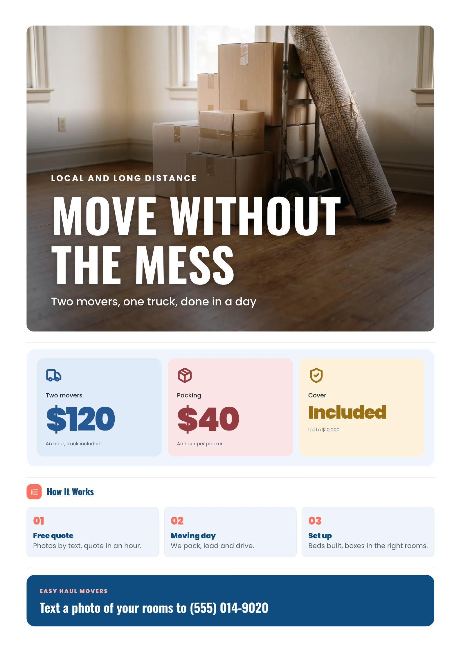 Moving Company Flyer with stacked cardboard moving boxes, a rolled rug and a dolly in an empty room with wooden floors