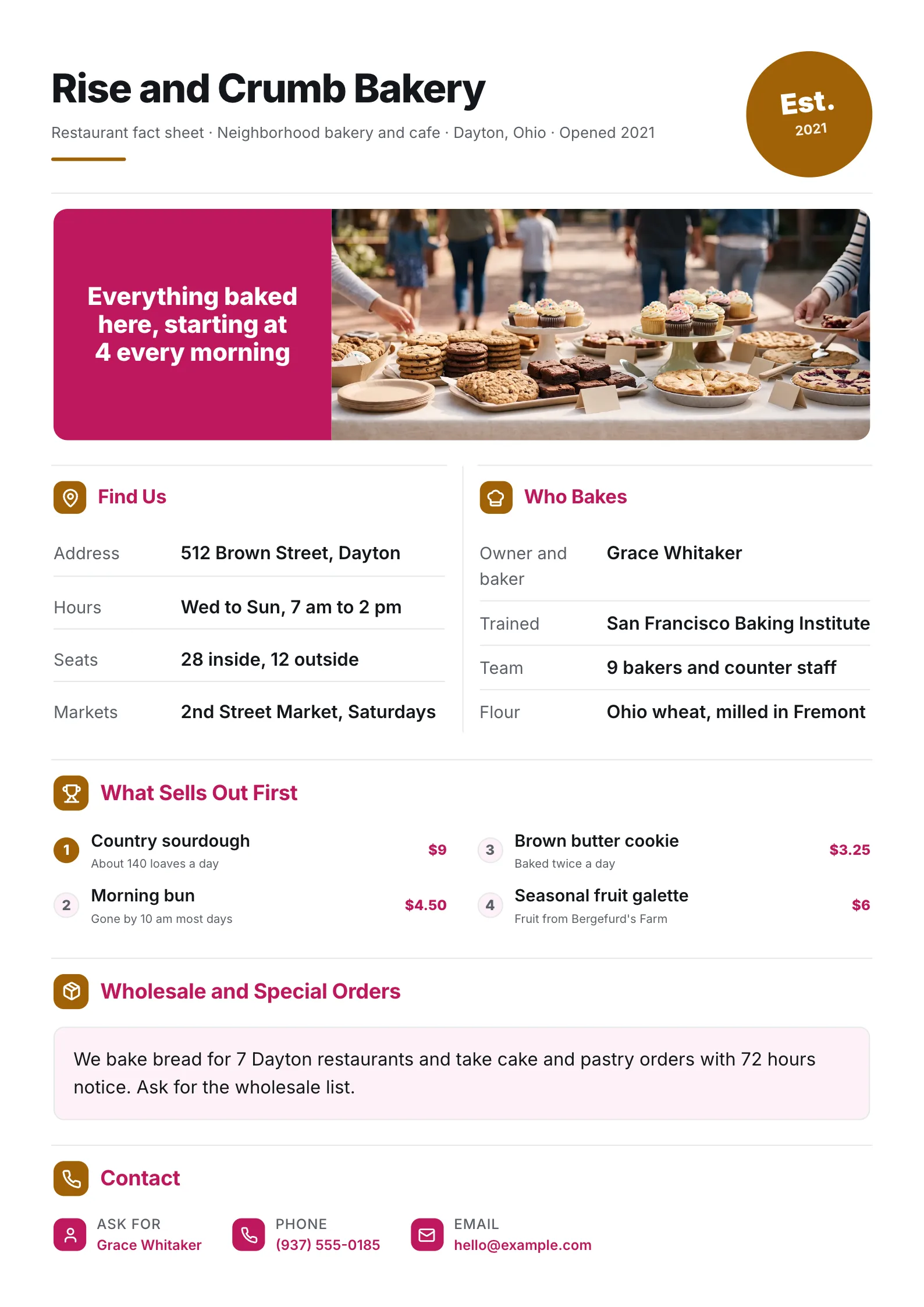 Restaurant fact sheet for a neighborhood bakery with a pastry table photo, hours, the baker and best sellers