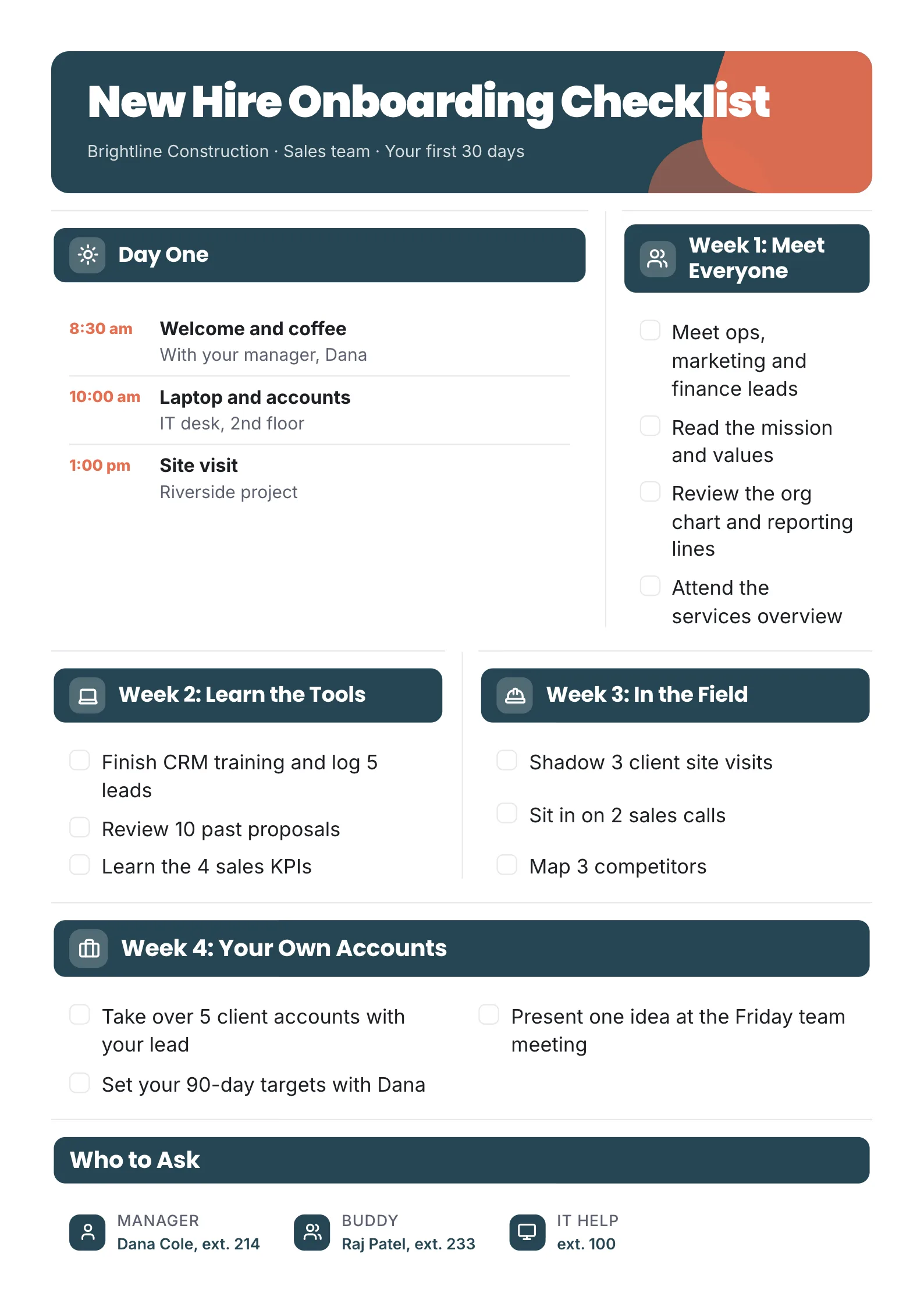 New hire onboarding checklist One-Pager template for the first 30 days with day one hour by hour, a checklist for each of four weeks and who to ask for help