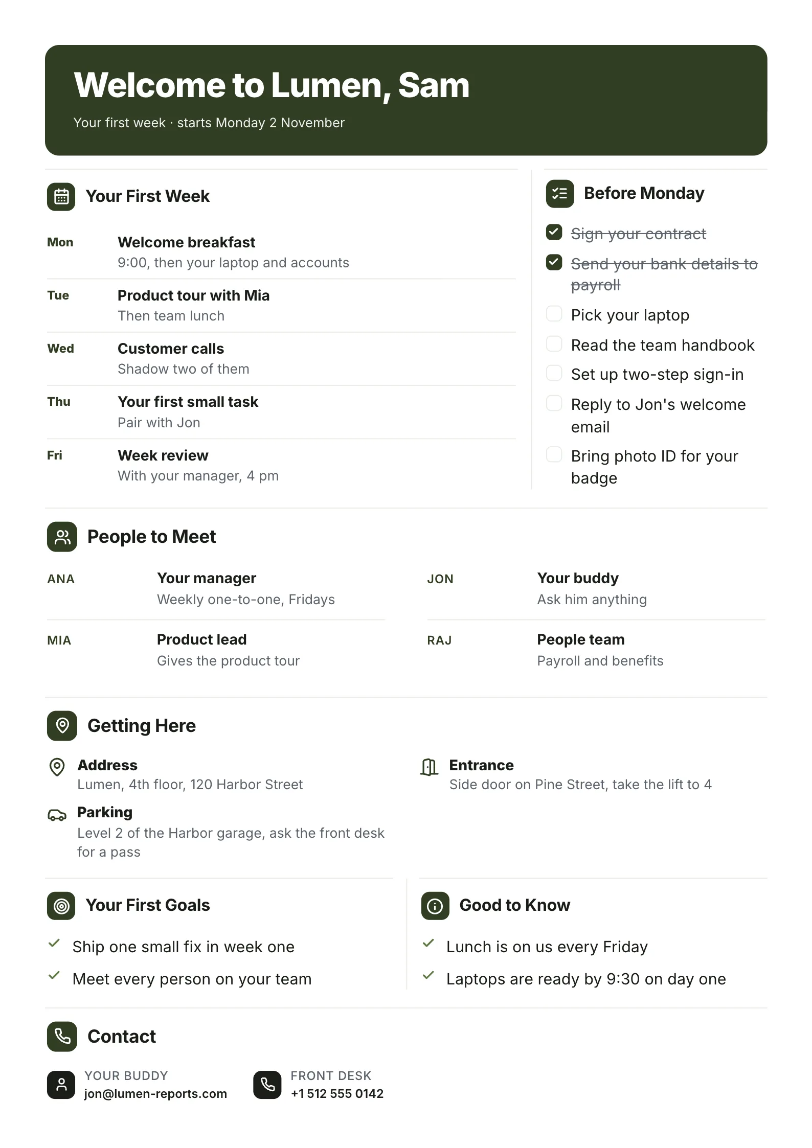 New hire welcome One-Pager template with the first week's agenda, a before Monday checklist, the people to meet and how to get there