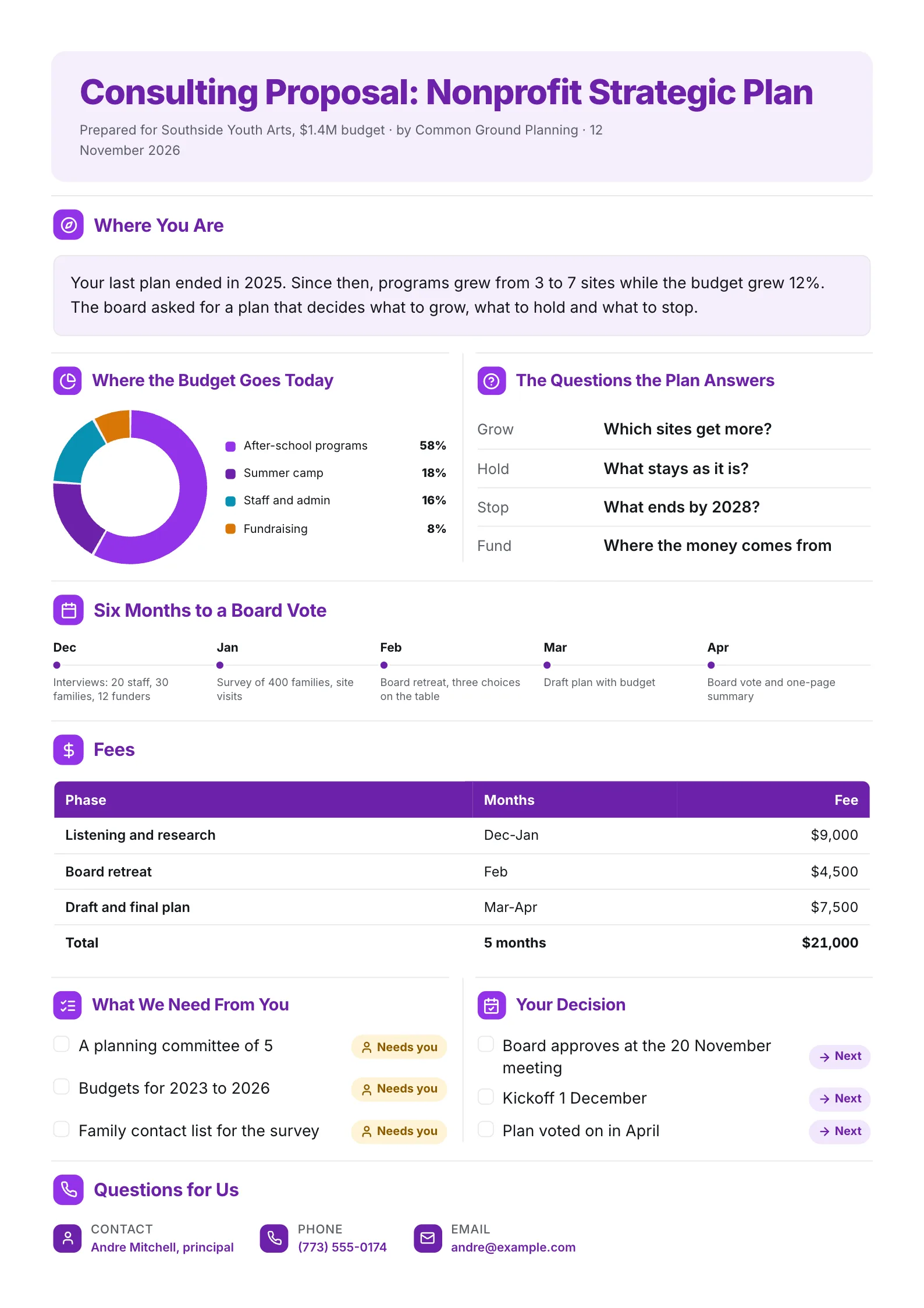 Nonprofit strategic plan consulting proposal One-Pager with a budget donut, a timeline and fees